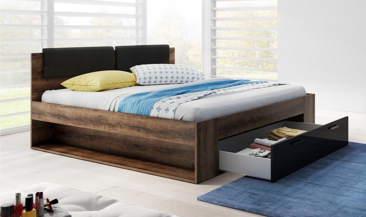 Krevet Levruvu 106 (Manastirski hrast + Crna visoki sjaj)