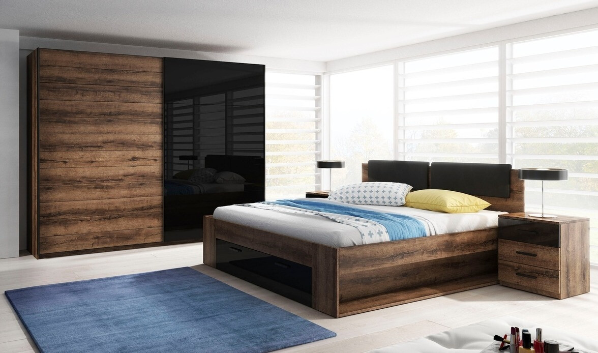 Krevet Levruvu 106 (Manastirski hrast + Crno)