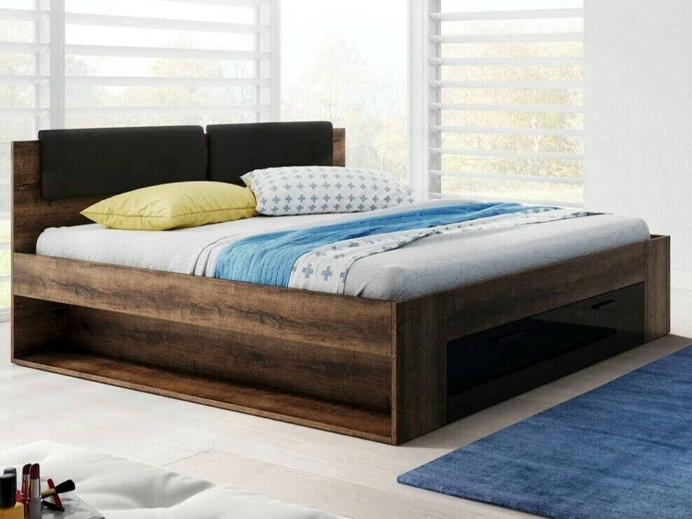 Krevet Levruvu 106 (Manastirski hrast + Sjajno crna)