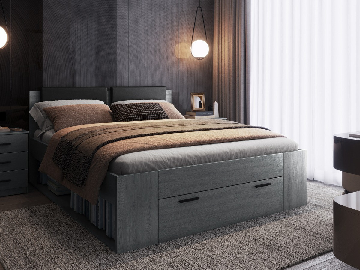 Krevet Levruvu 106 (Sivi hrast + Crno)