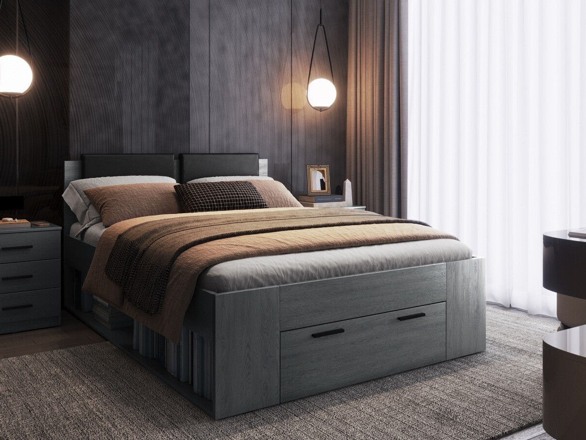 Krevet Levruvu 111 (Sivi hrast + Crno)