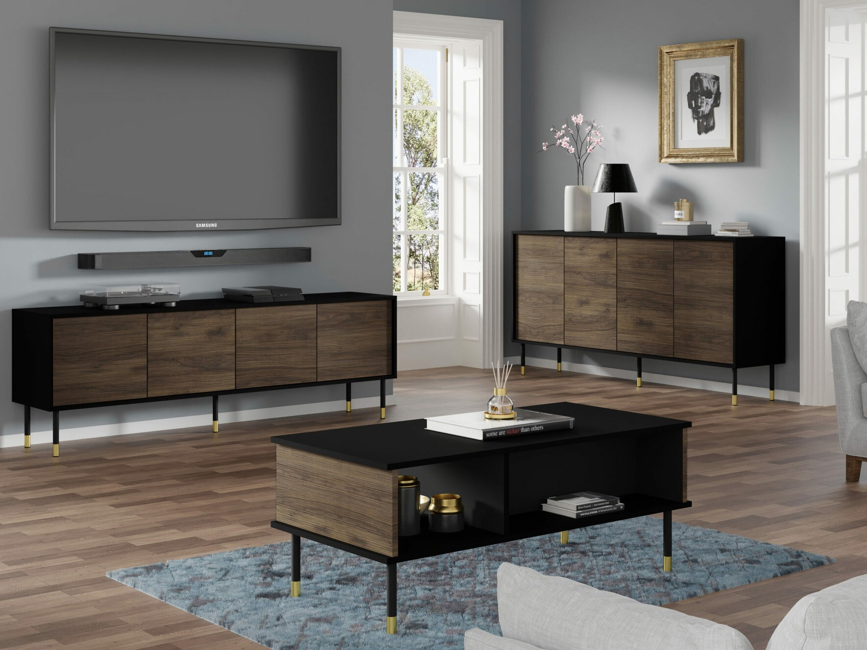 Set za dnevnu sobu Romtole 103 (Crno + Tamni hrast)