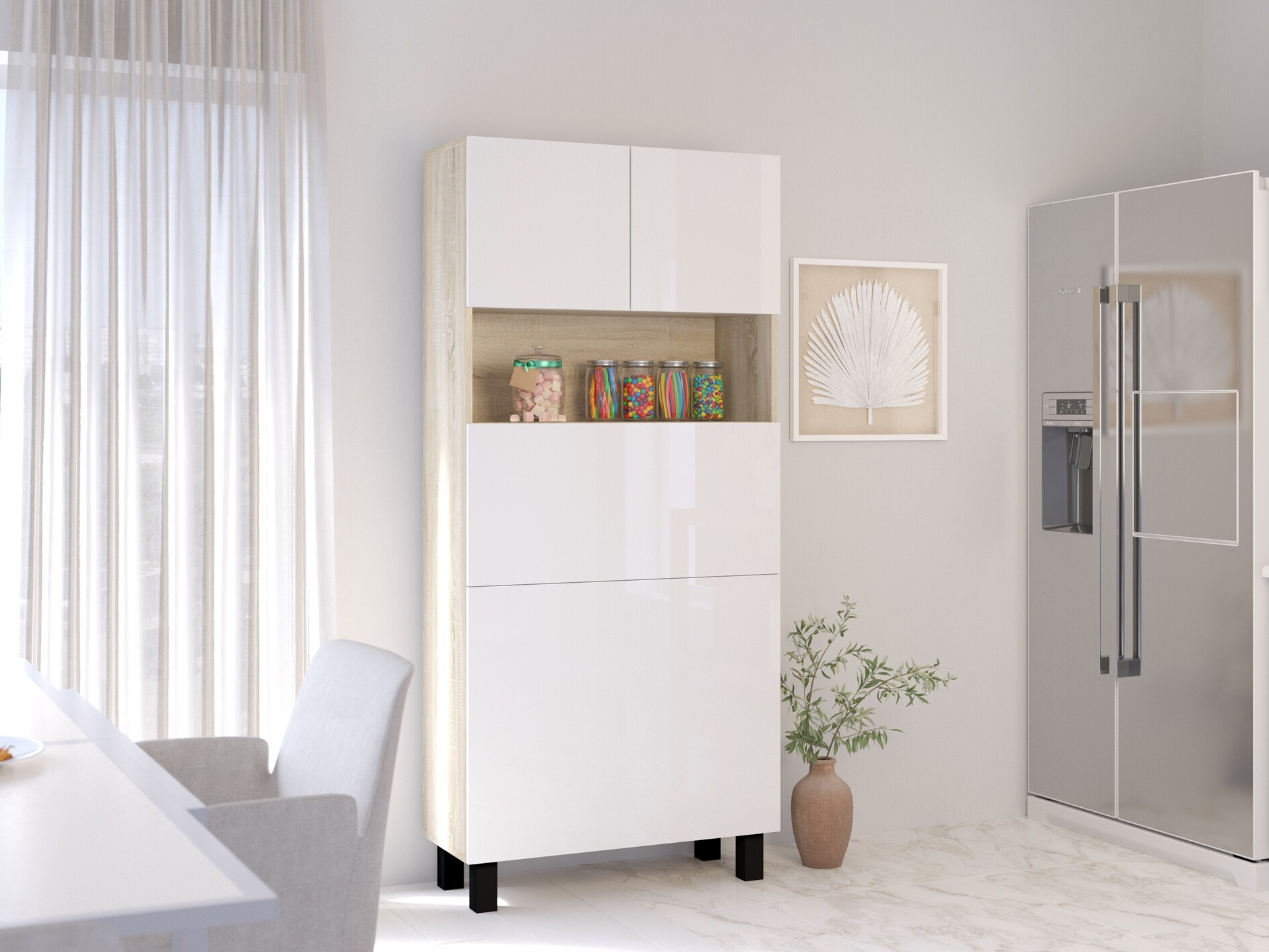 Polica Buffalo 145 (Sjajno belo + Sonoma hrast)