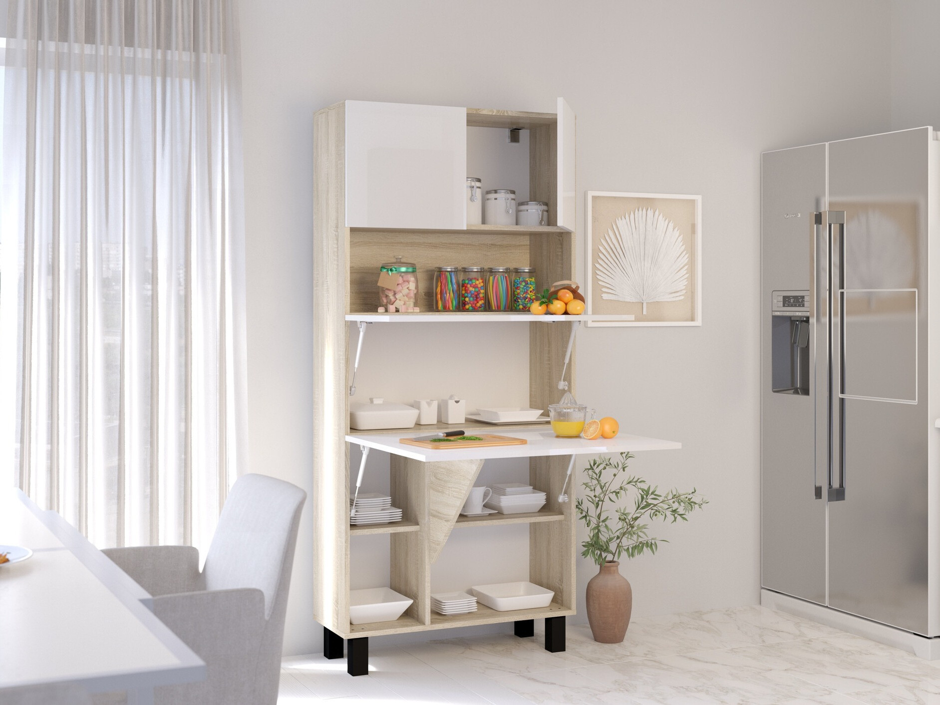 Polica Buffalo 145 (Sjajno belo + Sonoma hrast)