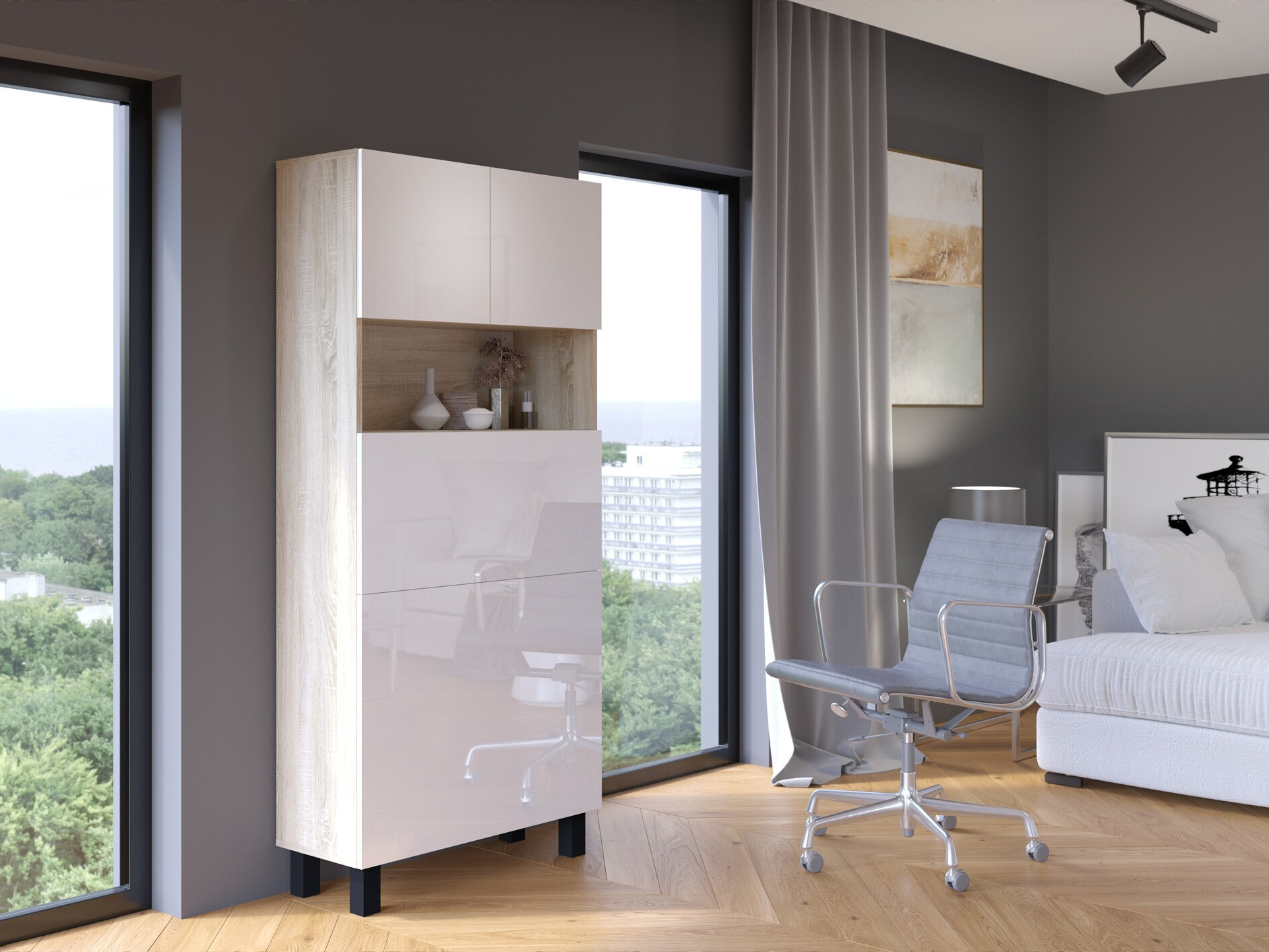 Polica Buffalo 145 (Sjajno belo + Sonoma hrast)