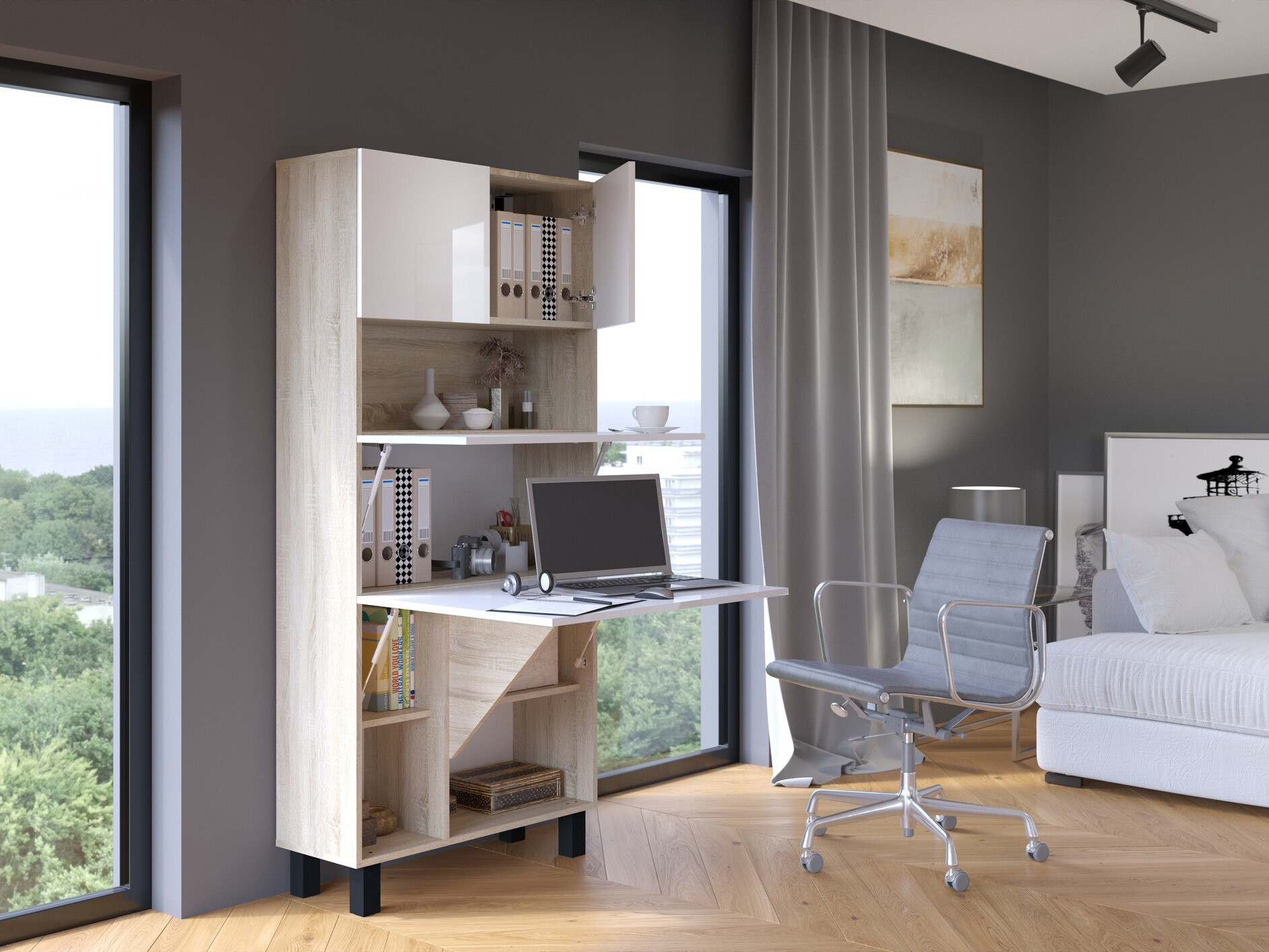 Polica Buffalo 145 (Sjajno belo + Sonoma hrast)