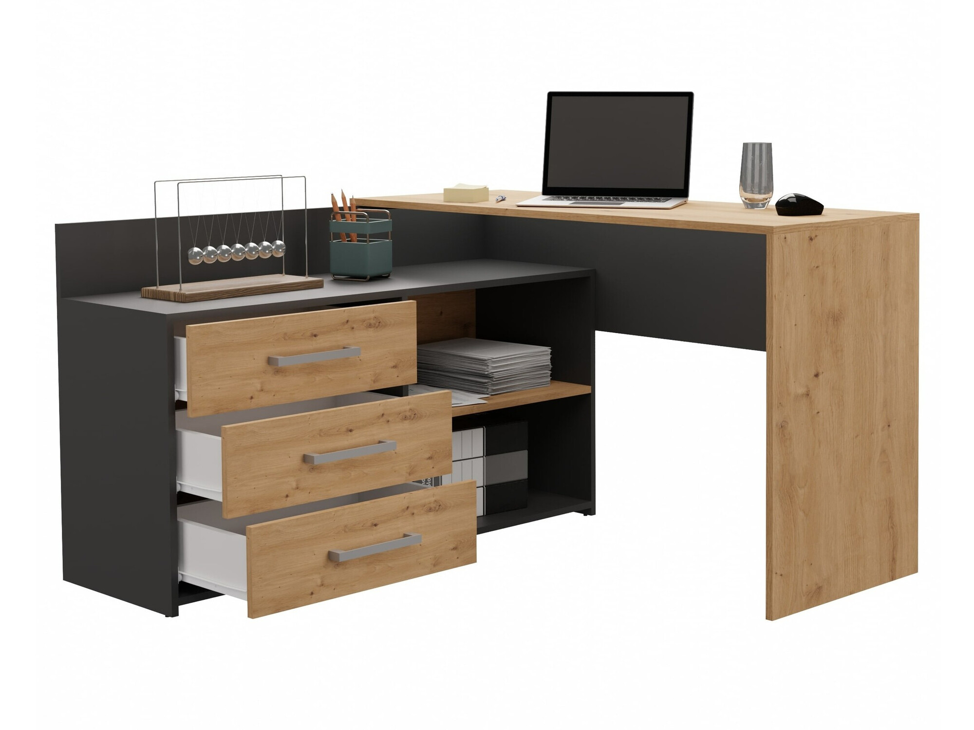 Ugaoni kancelarijski sto Mandeville 131 (Antricit (ugalj) + Zanatski hrast)