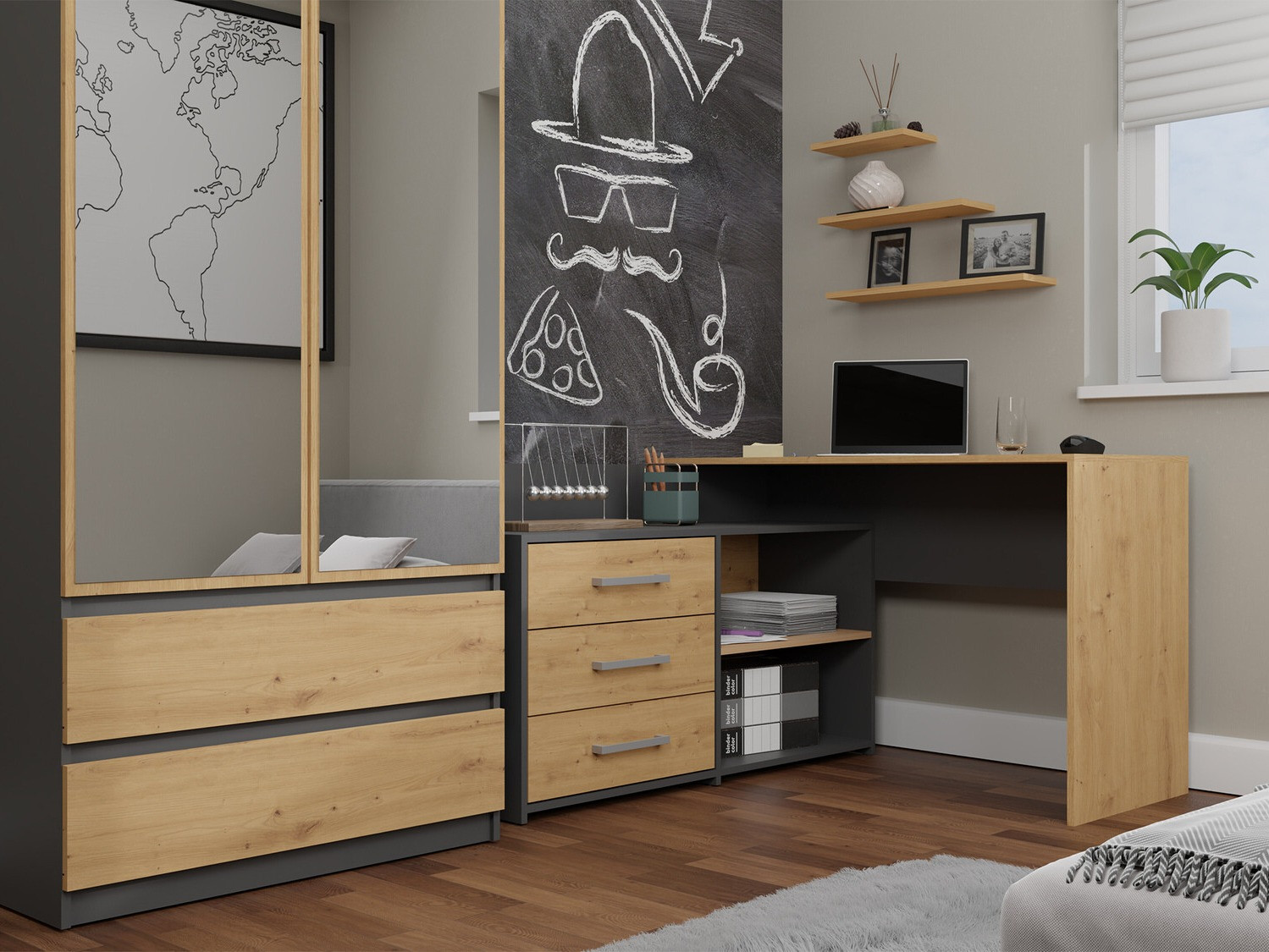 Ugaoni kancelarijski sto Mandeville 131 (Antricit (ugalj) + Zanatski hrast)