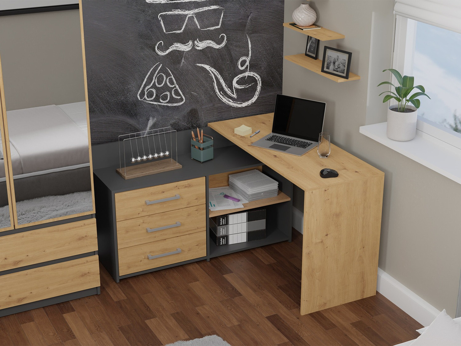Ugaoni kancelarijski sto Mandeville 131 (Antricit (ugalj) + Zanatski hrast)
