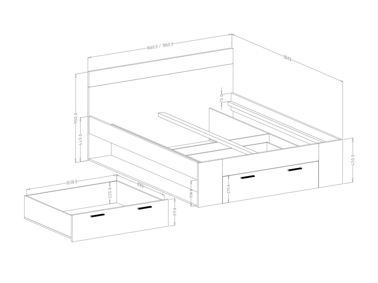 Krevet Melvele 108 (Manastirski hrast + Crno)