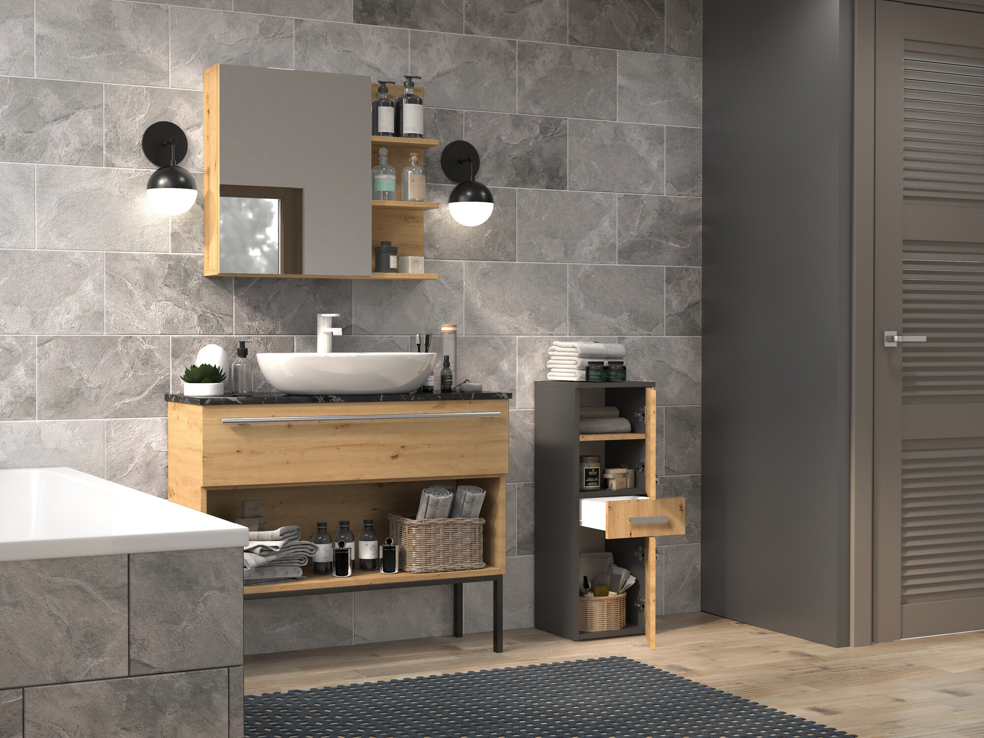 Ormarić za kupatilo Nolmaru 108 (Antricit (ugalj) + Zanatski hrast)