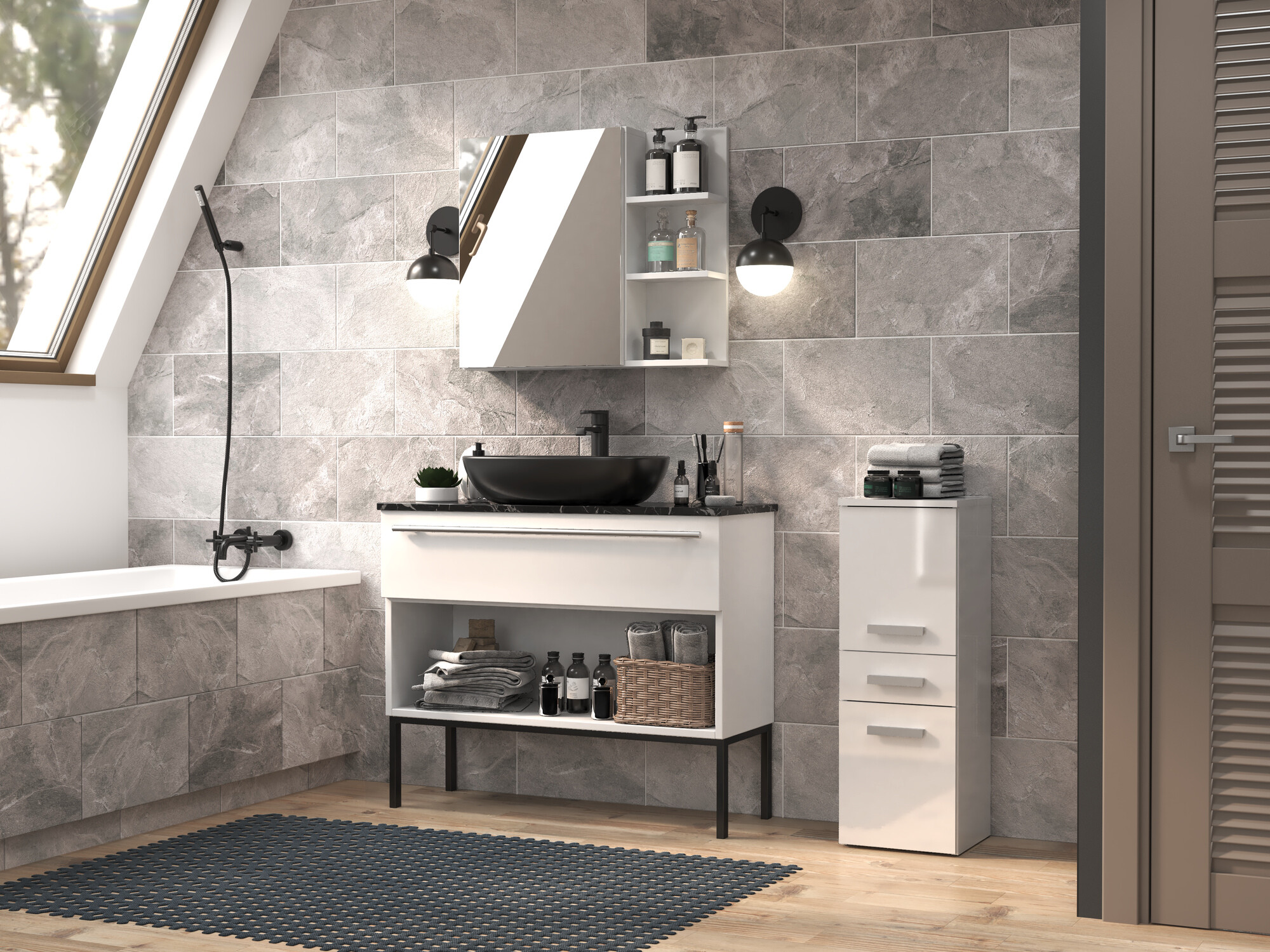 Samostojeći kupatilski ormarić Nolmaru 108 (Belo + Sjajno belo)