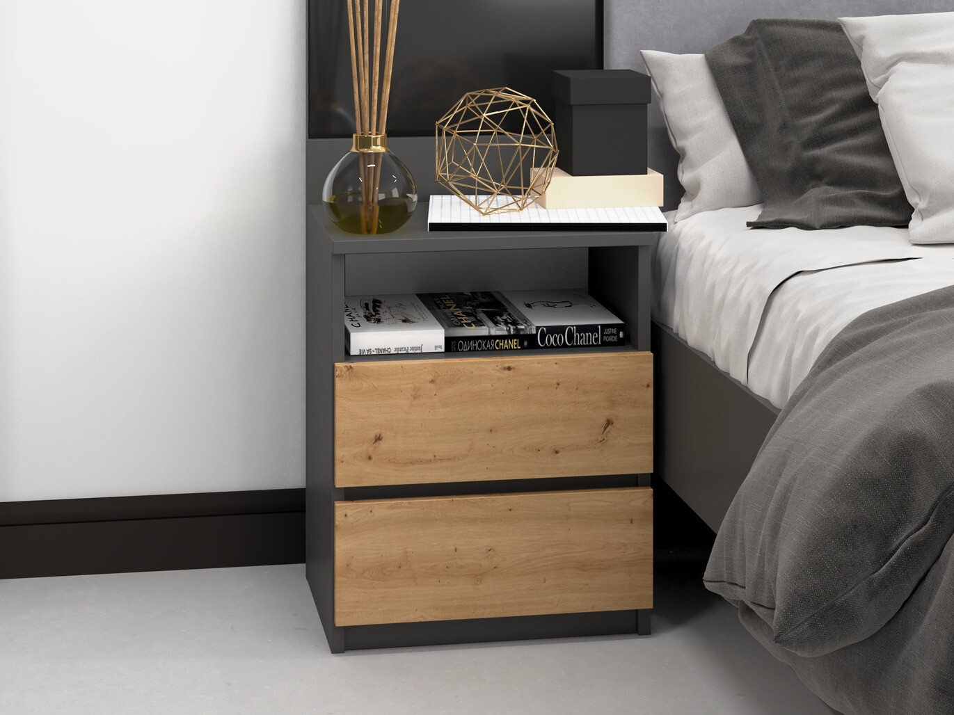 Noćni ormarić Elbvelu 119 (Antricit (ugalj) + Zanatski hrast)