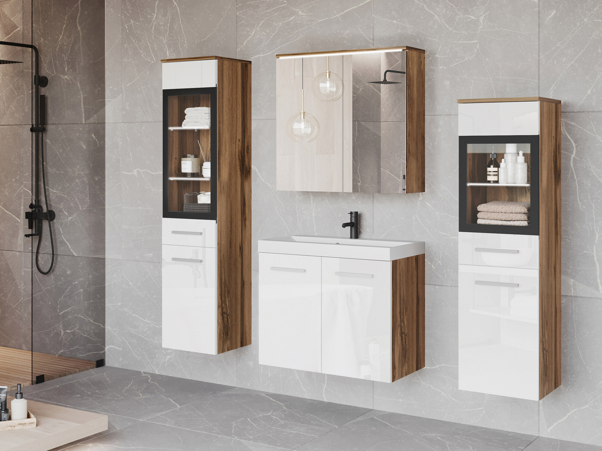 Set za kupatilo Sarasota 140 (Sjajno belo + Вотан храст)