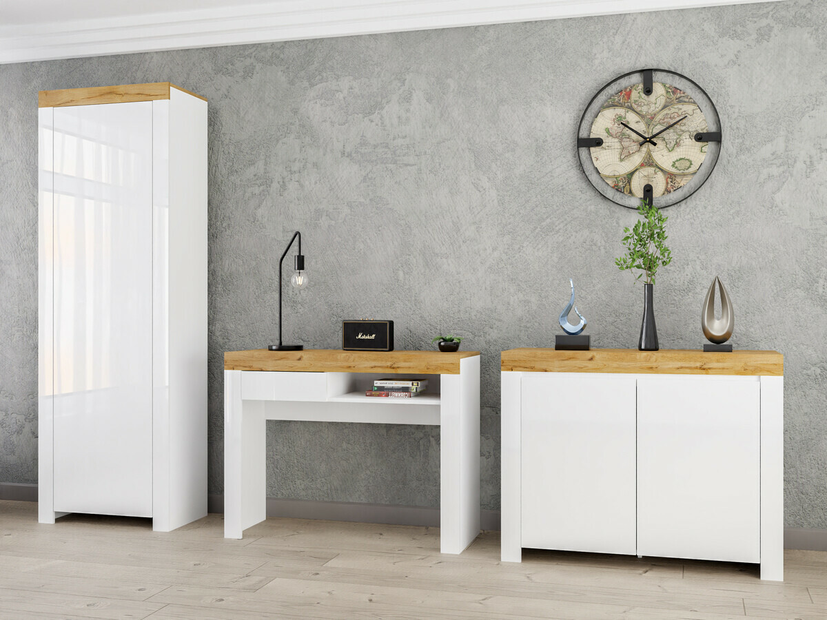 Kancelarijski sto Sonsoru 131 (Belo + Sjajno belo + Вотан храст)