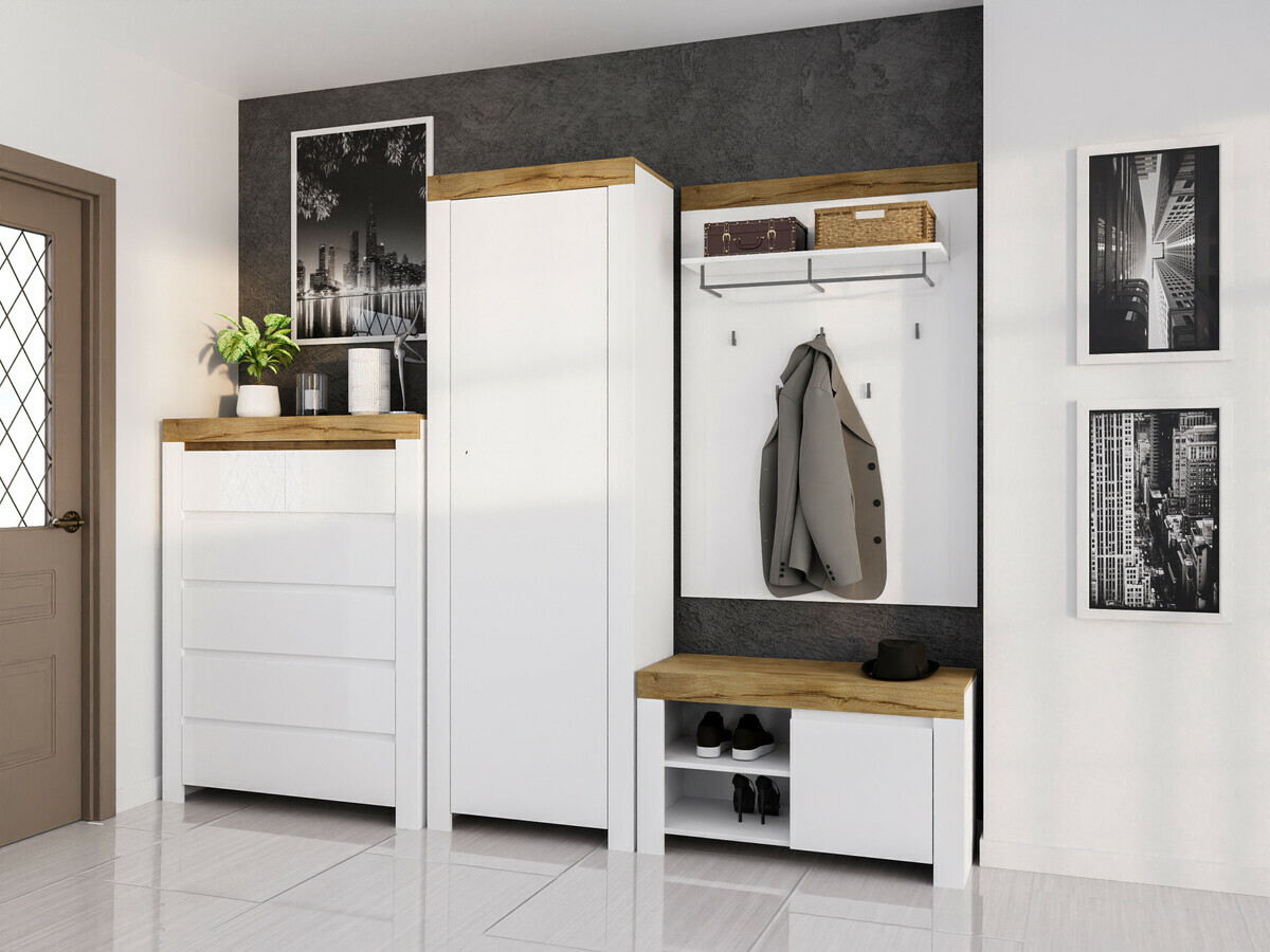 Komoda Sonsoru 114 (Belo + Sjajno belo + Вотан храст)