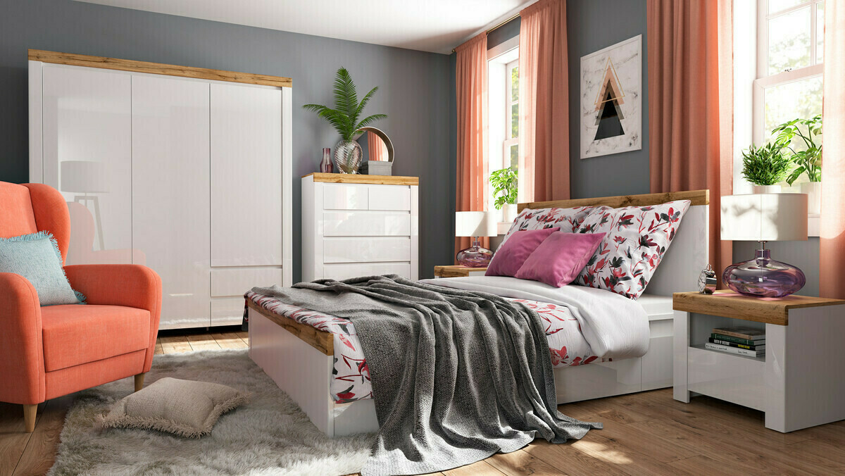 Noćni ormarić Sonsoru 113 (Belo + Sjajno belo + Hrast Votan)