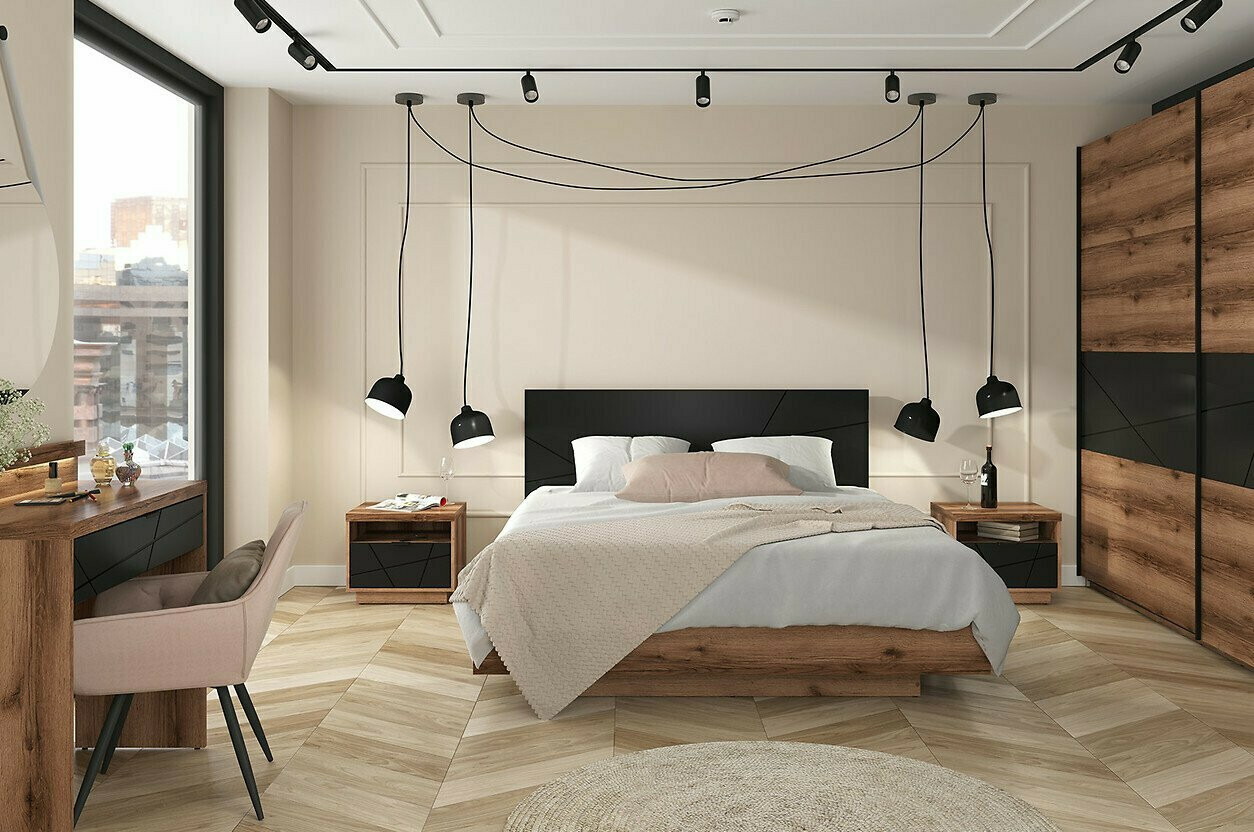 Noćni ormarić Fivale 115 (Tamni Delano hrast + Mat crna)