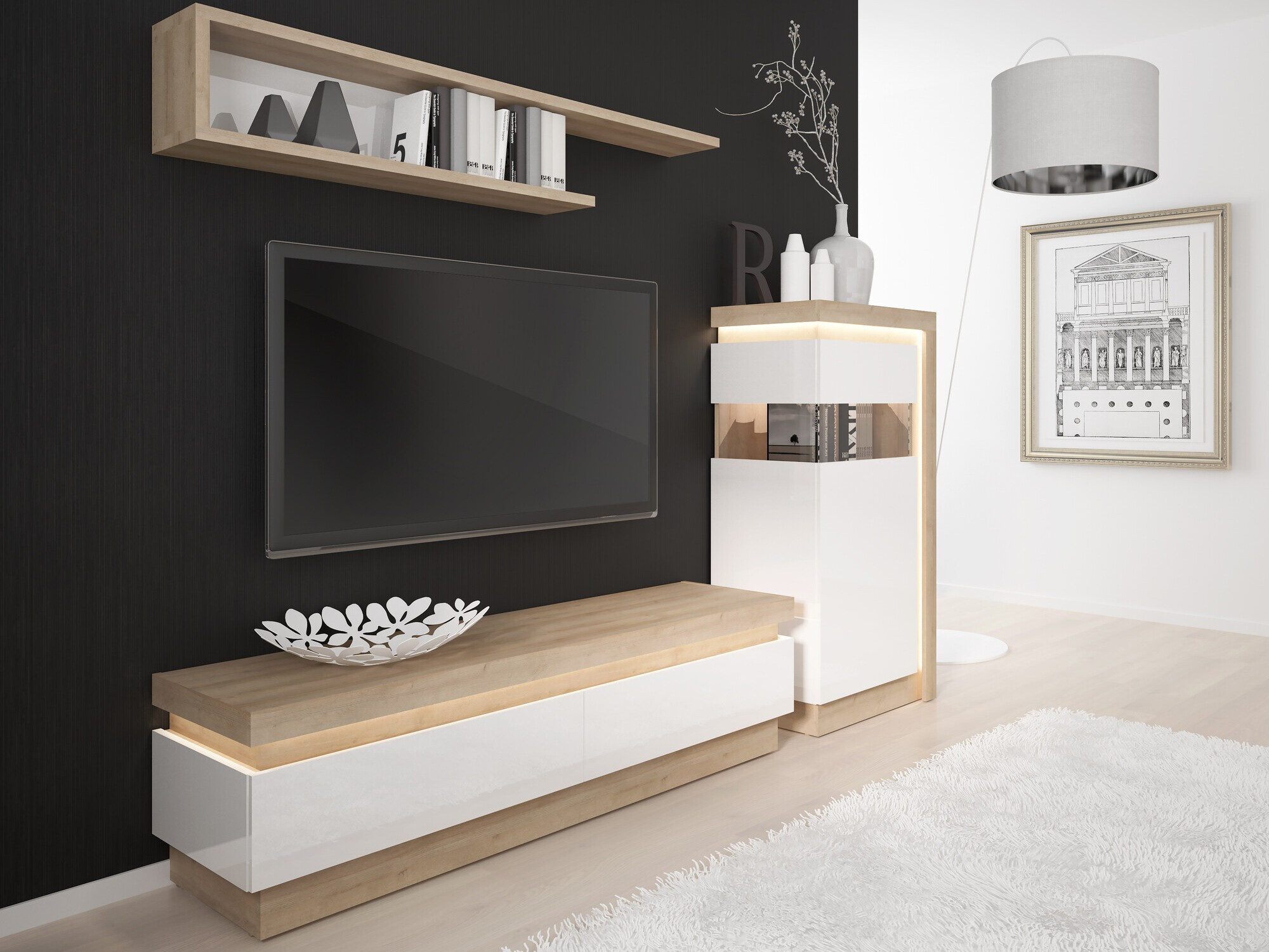 TV komoda Feldeli 101 (Riviera hrast + Sjajno belo)