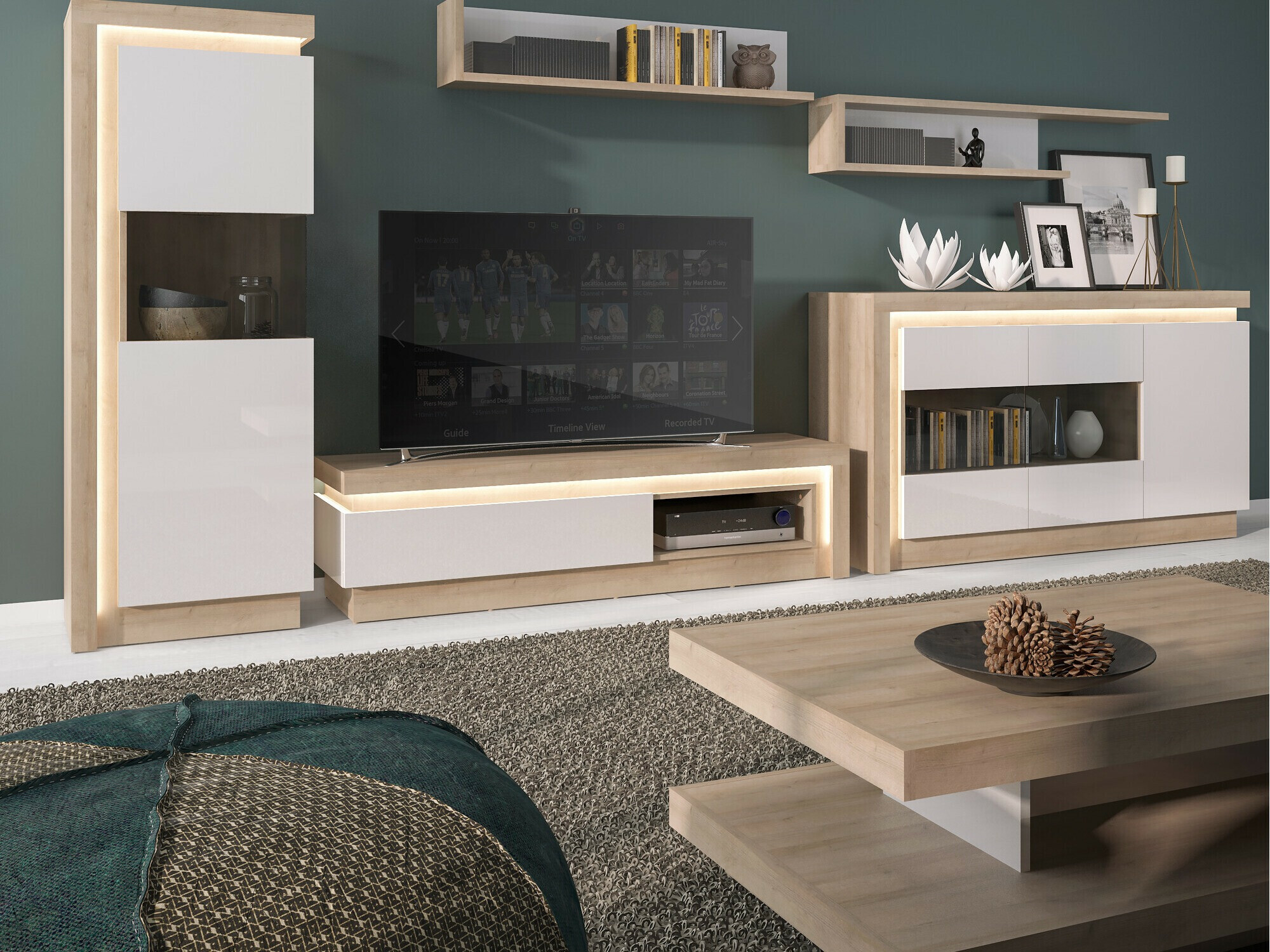 TV komoda Feldeli 102 (Riviera hrast + Sjajno belo)