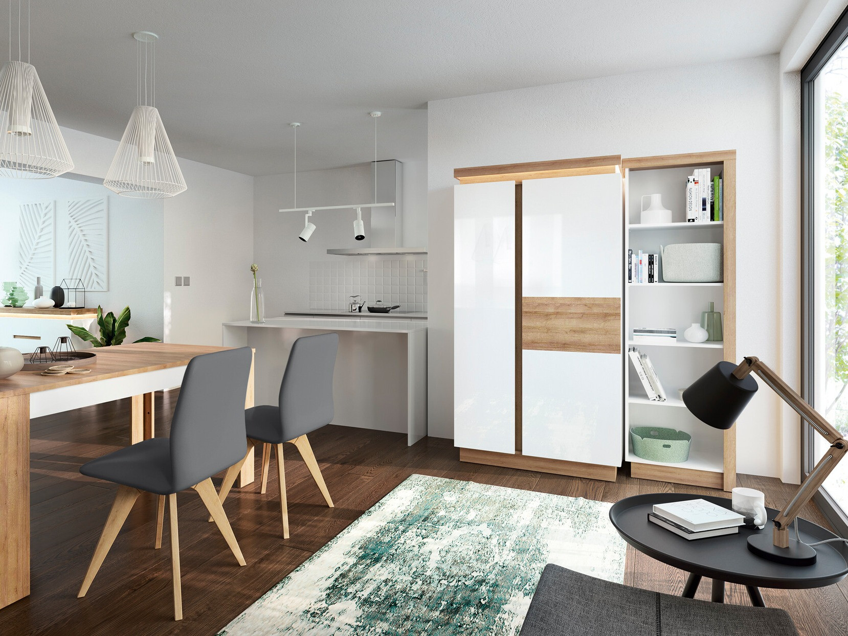 Ormar Feldeli 106 (Riviera hrast + Sjajno belo)