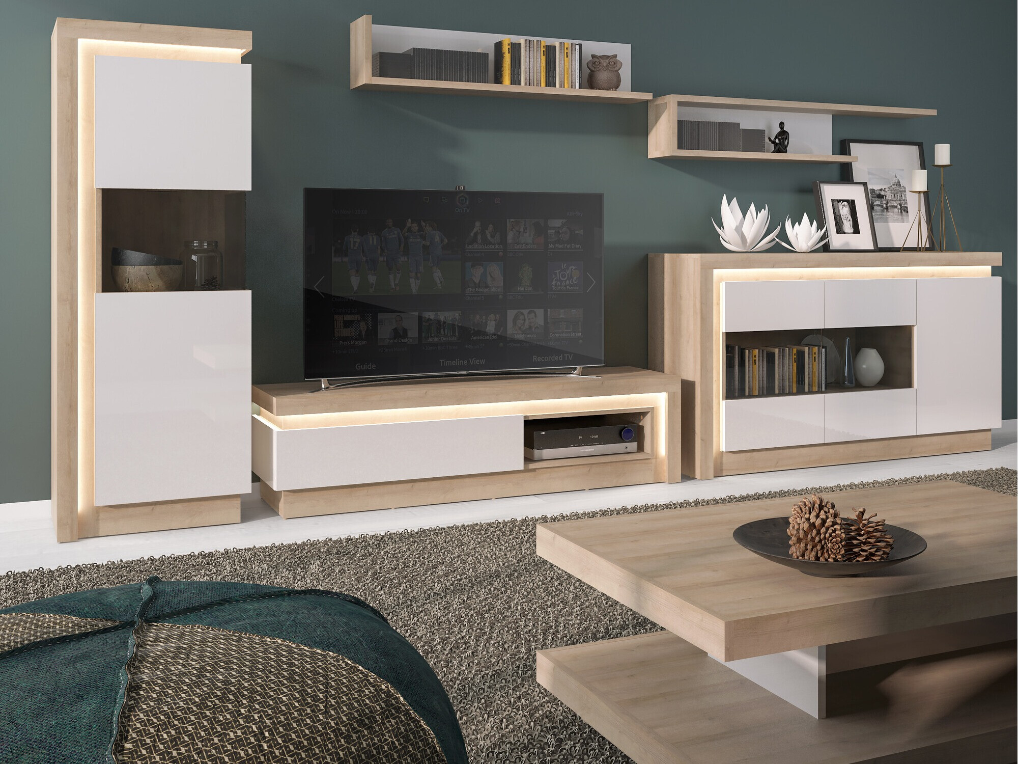 Zidna polica Feldeli 107 (Riviera hrast + Sjajno belo)