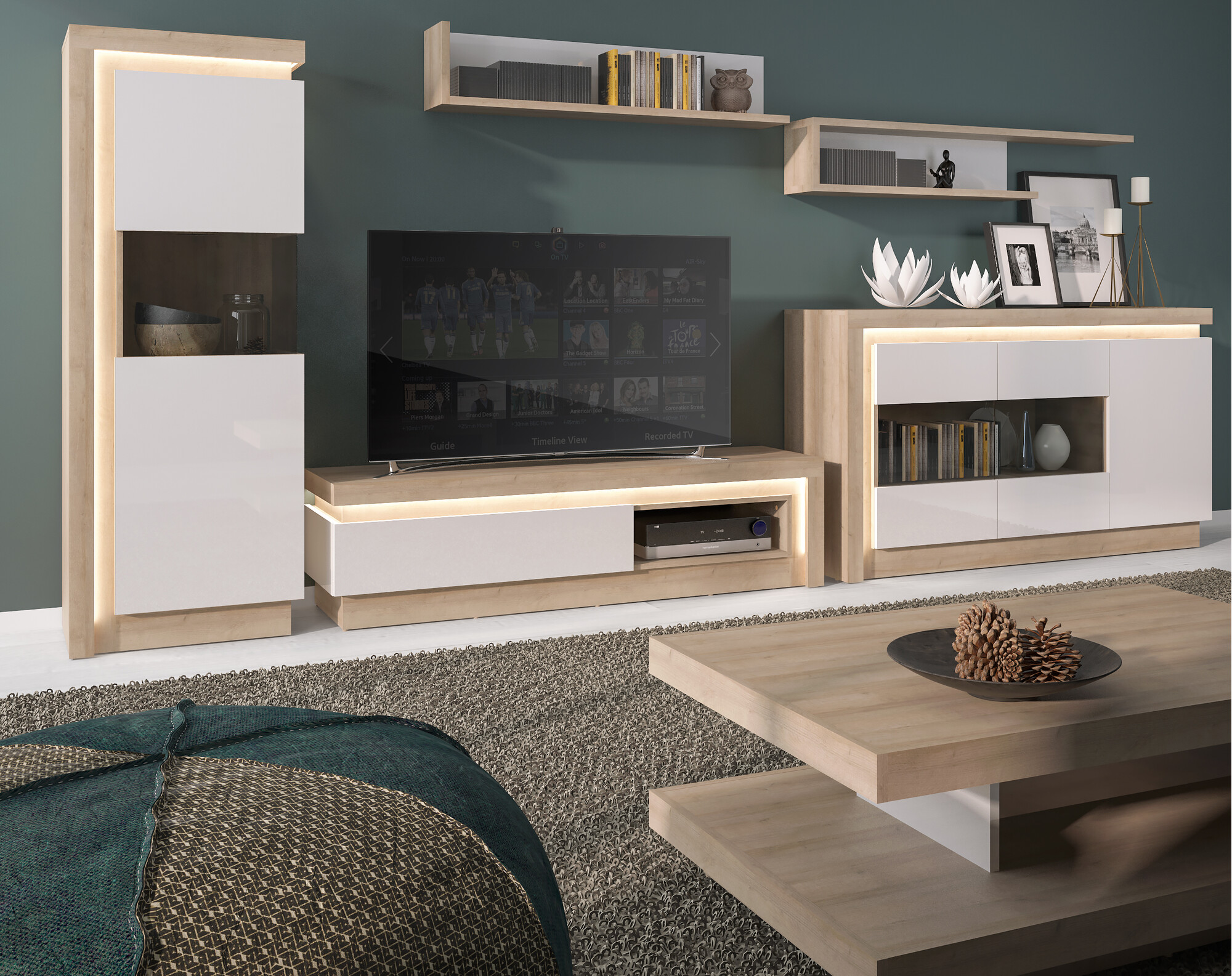 Zidna polica Feldeli 109 (Riviera hrast + Sjajno belo)