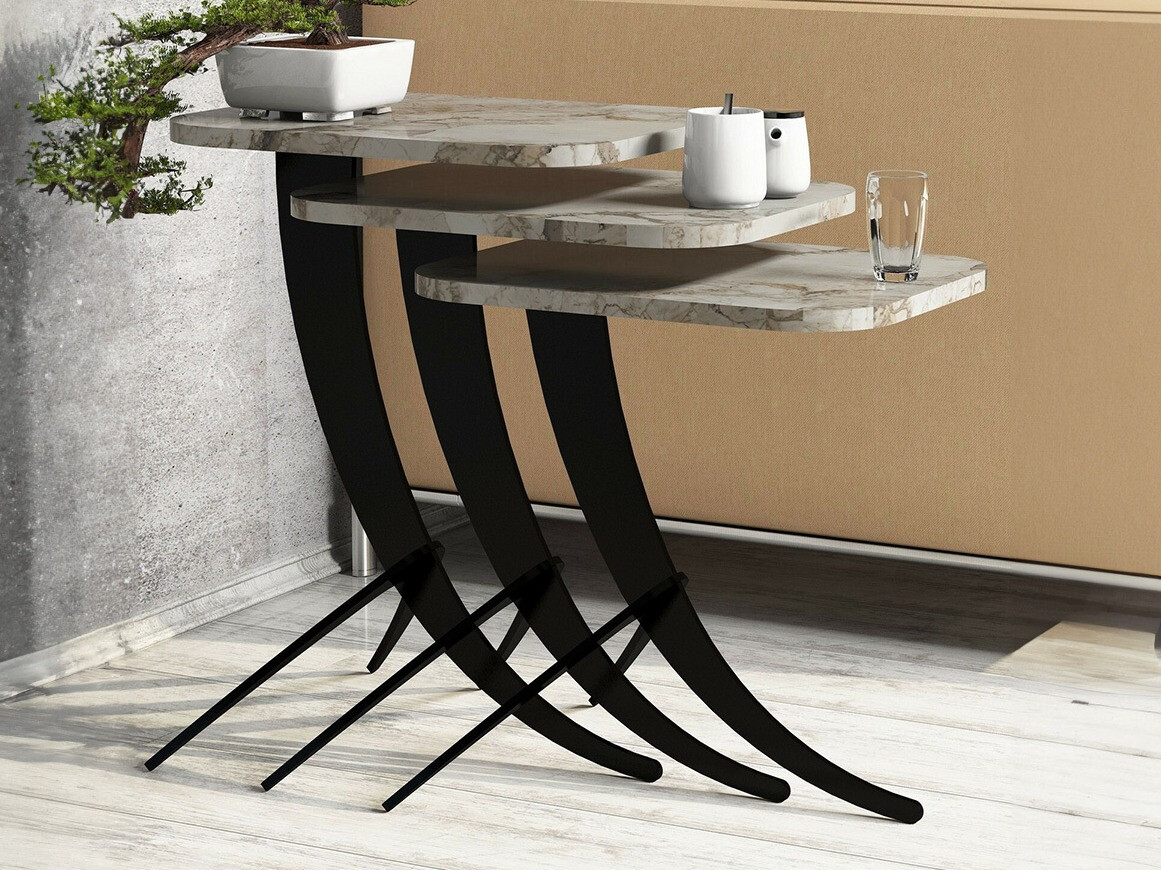 Set pomoćnih stočića Kailua 1622 (Beli mermer + Crno)