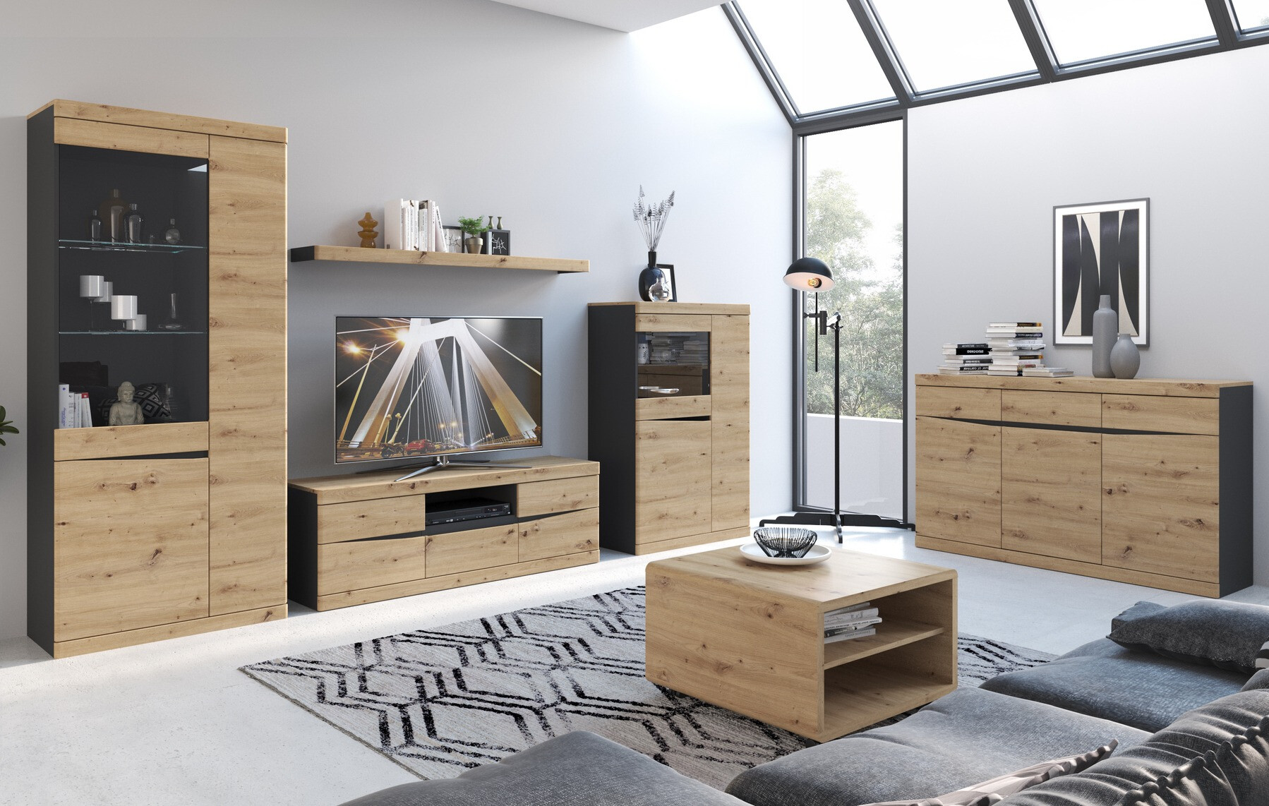 Polica Venlori 128 (Antricit (ugalj) + Zanatski hrast)