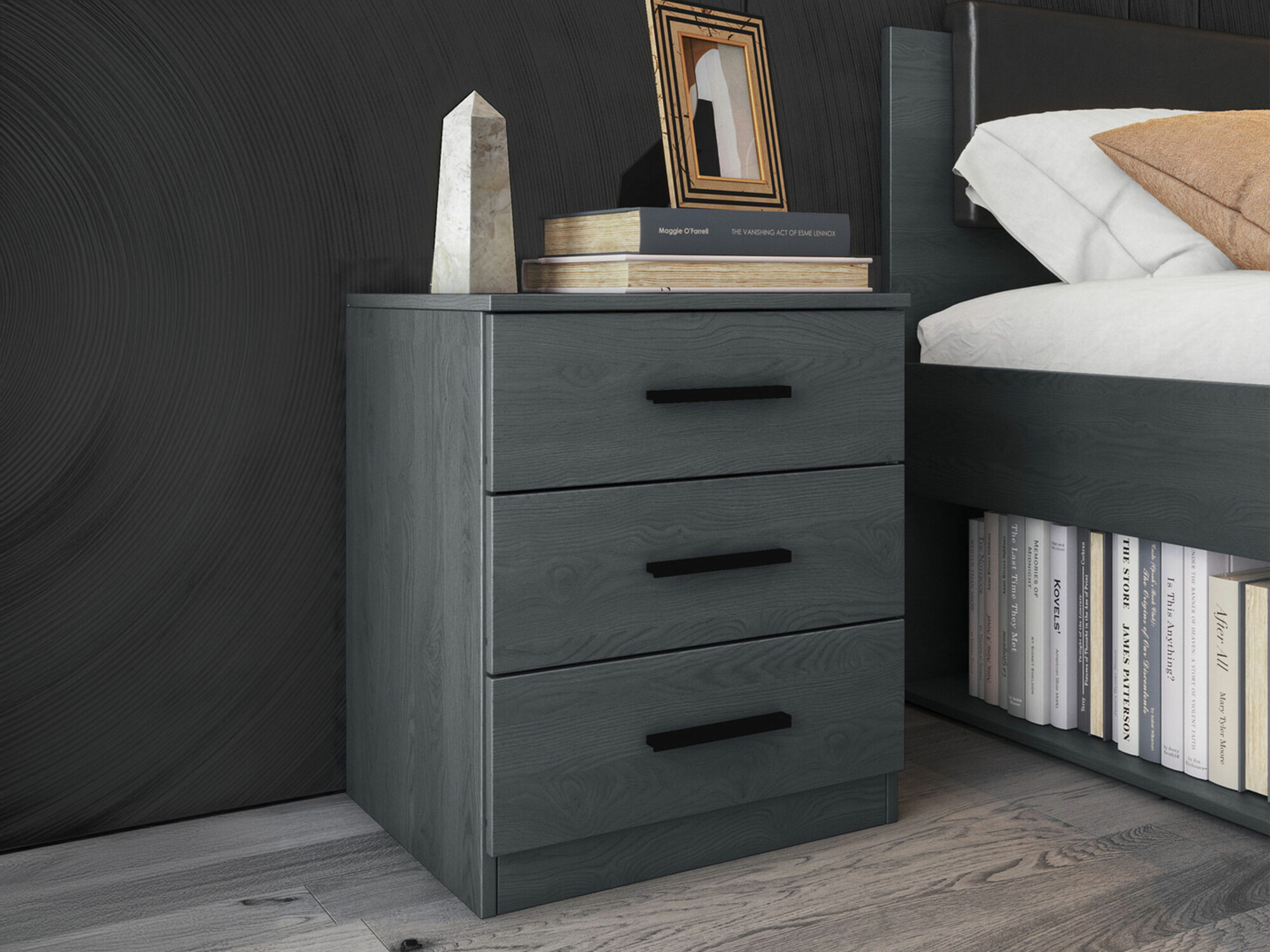 Noćni ormarić Levruvu 107 (Sivi hrast + Crno)