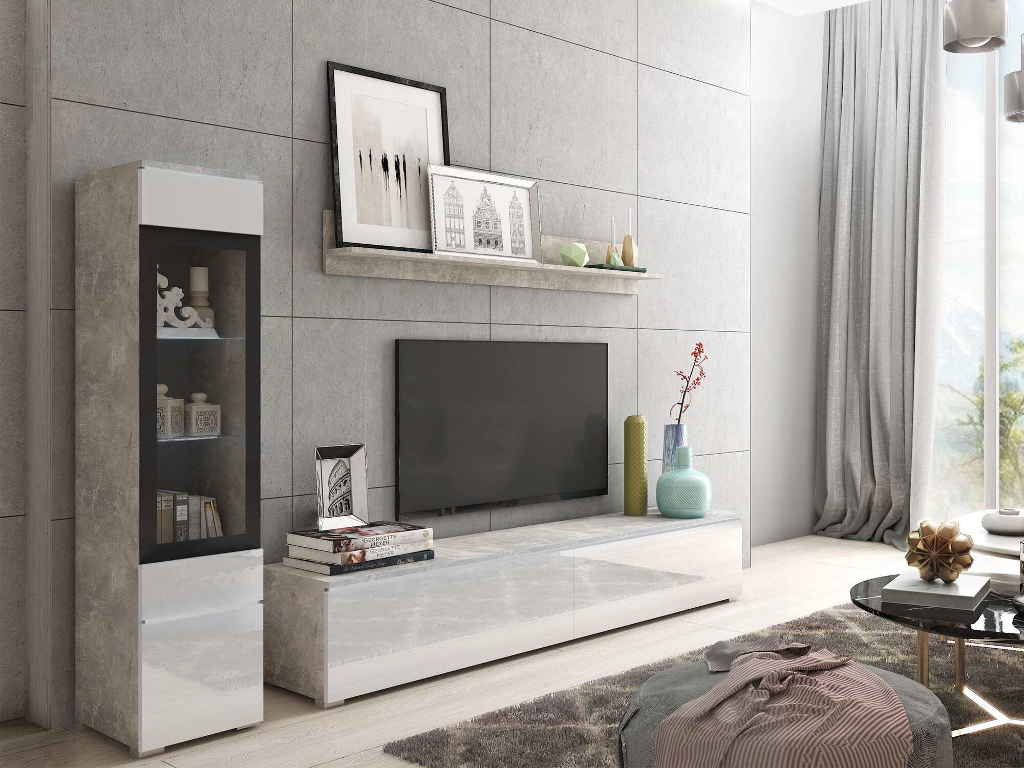 Set za dnevnu sobu Mirfivo 100 (Beton + Sjajno belo)