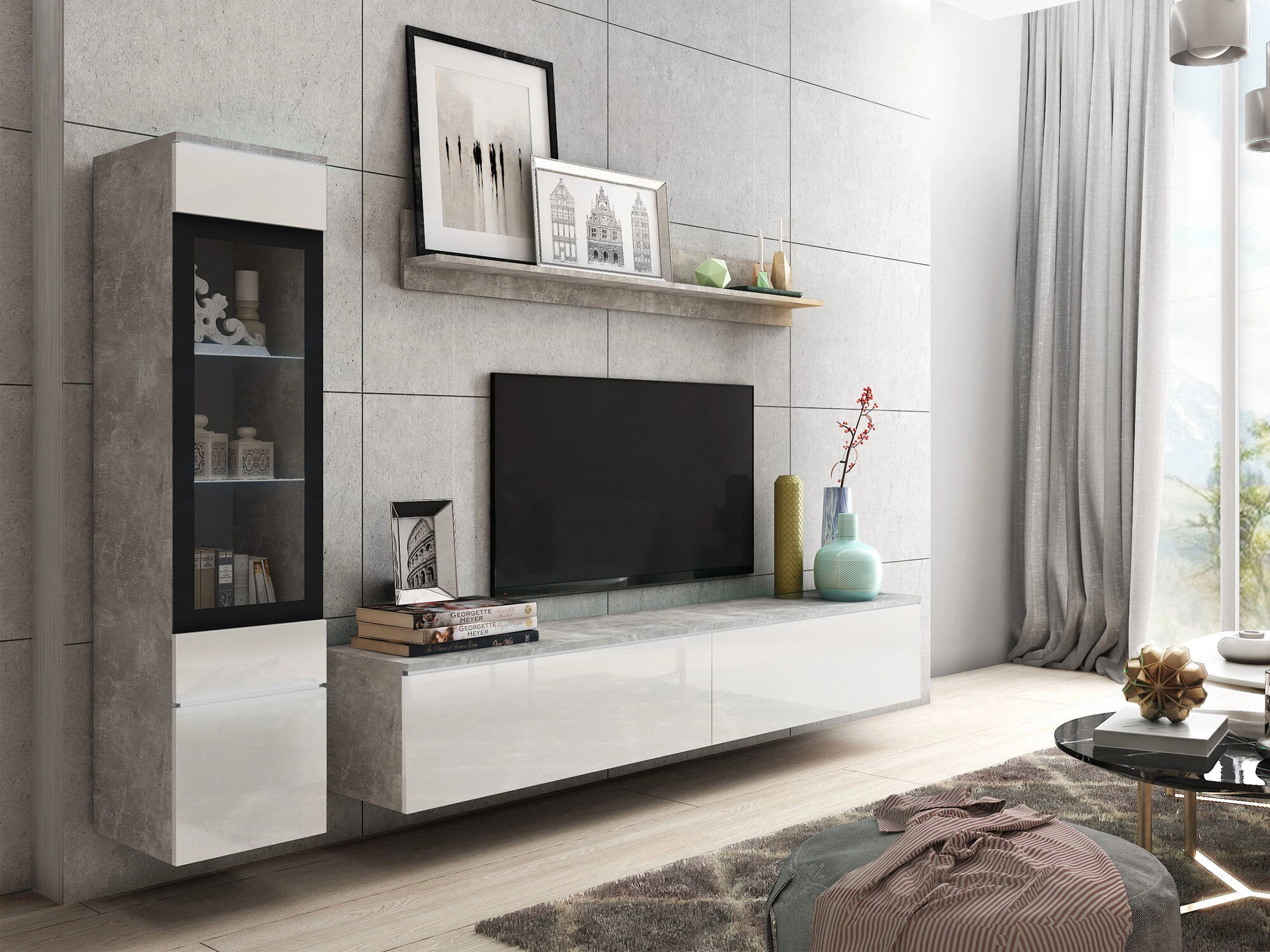 Set za dnevnu sobu Mirfivo 100 (Beton + Sjajno belo)