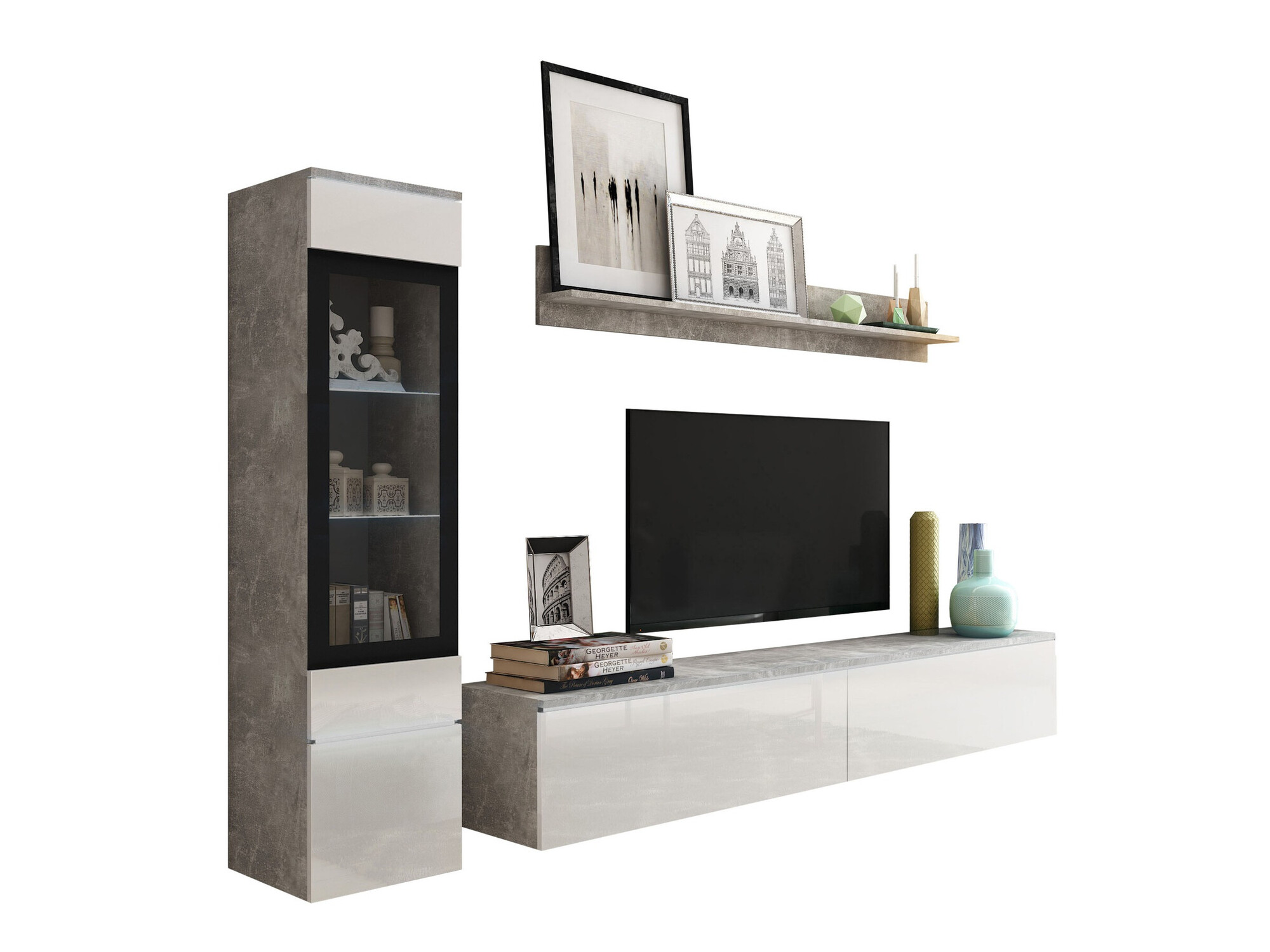 Set za dnevnu sobu Mirfivo 100 (Beton + Sjajno belo)