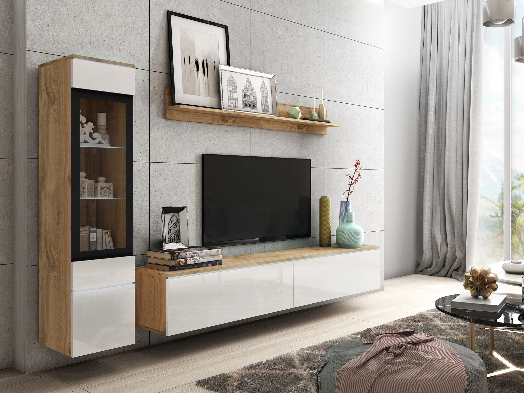 Set za dnevnu sobu Mirfivo 100 (Hrast Votan + Sjajno belo)