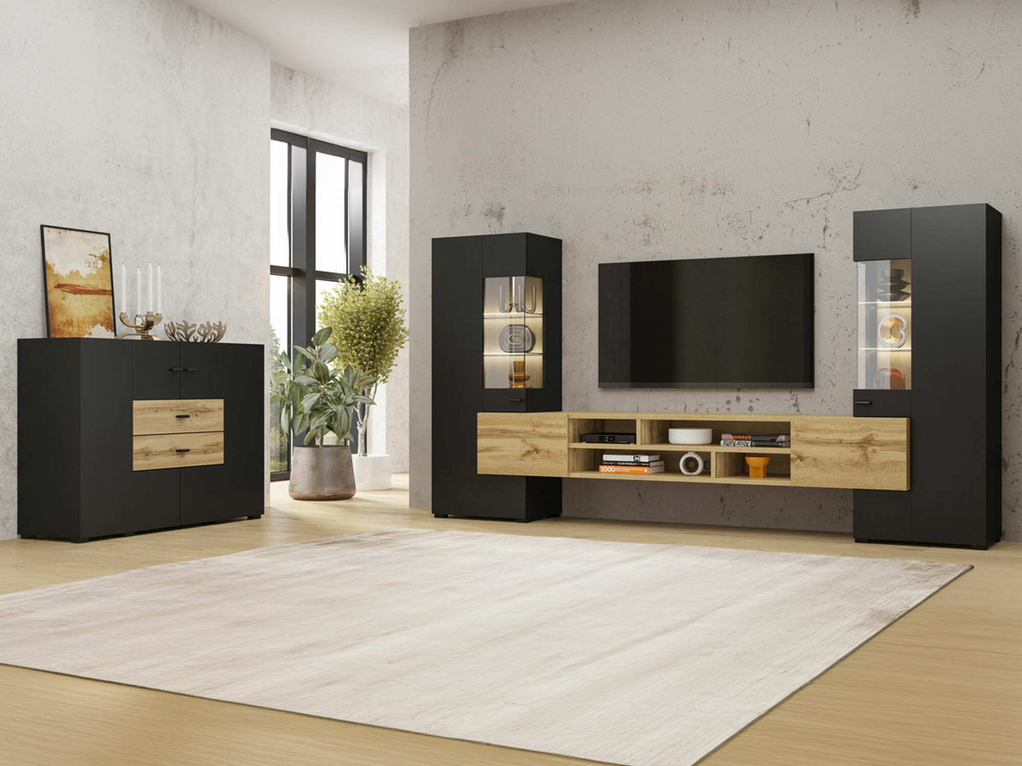 Set za dnevnu sobu Mondalo 105 (Вотан храст + Mat crna)