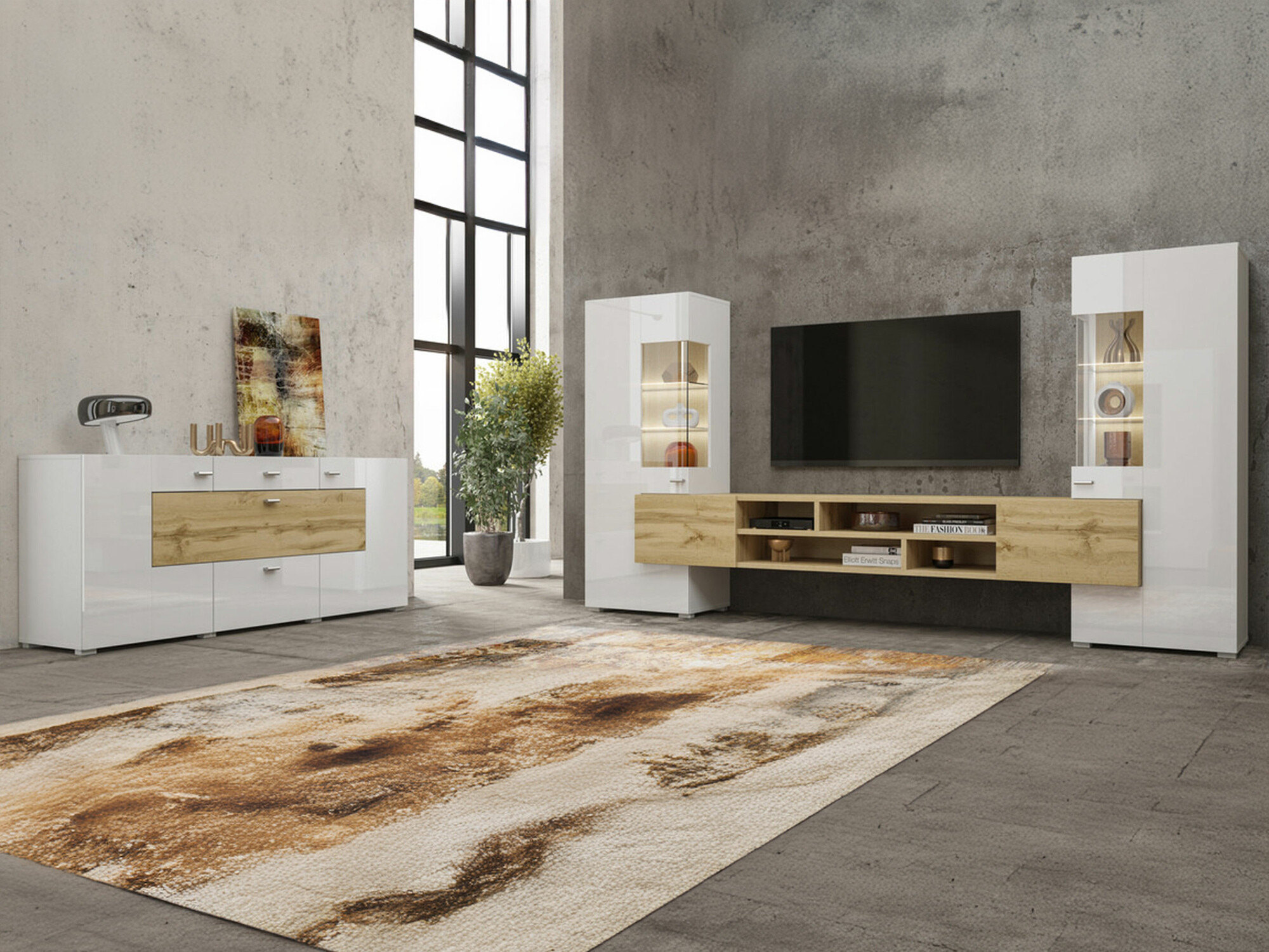 Set za dnevnu sobu Mondalo 105 (Вотан храст + Sjajno belo)