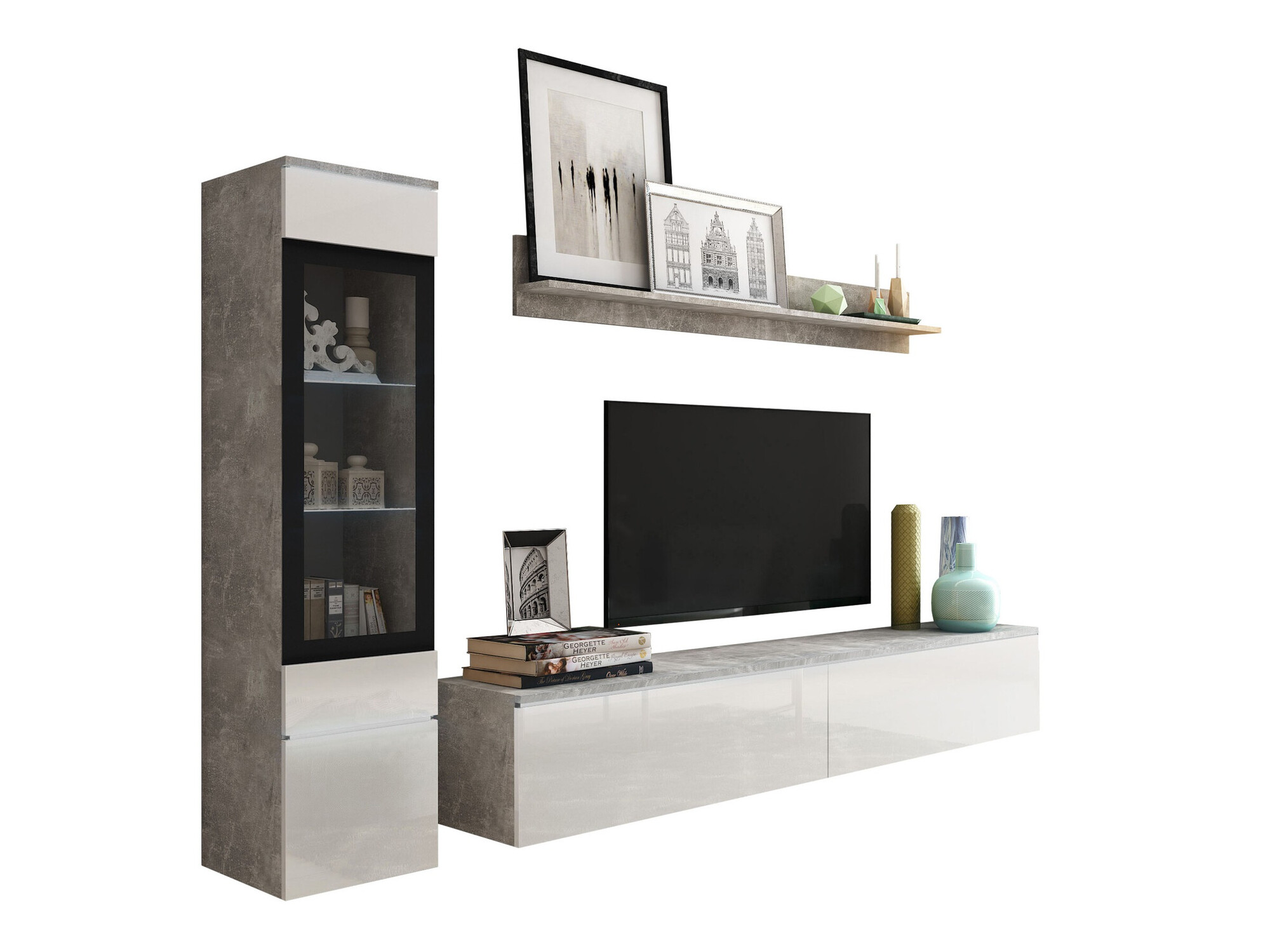 Set za dnevnu sobu Sarasota 125 (Boja betona + Sjajno belo)