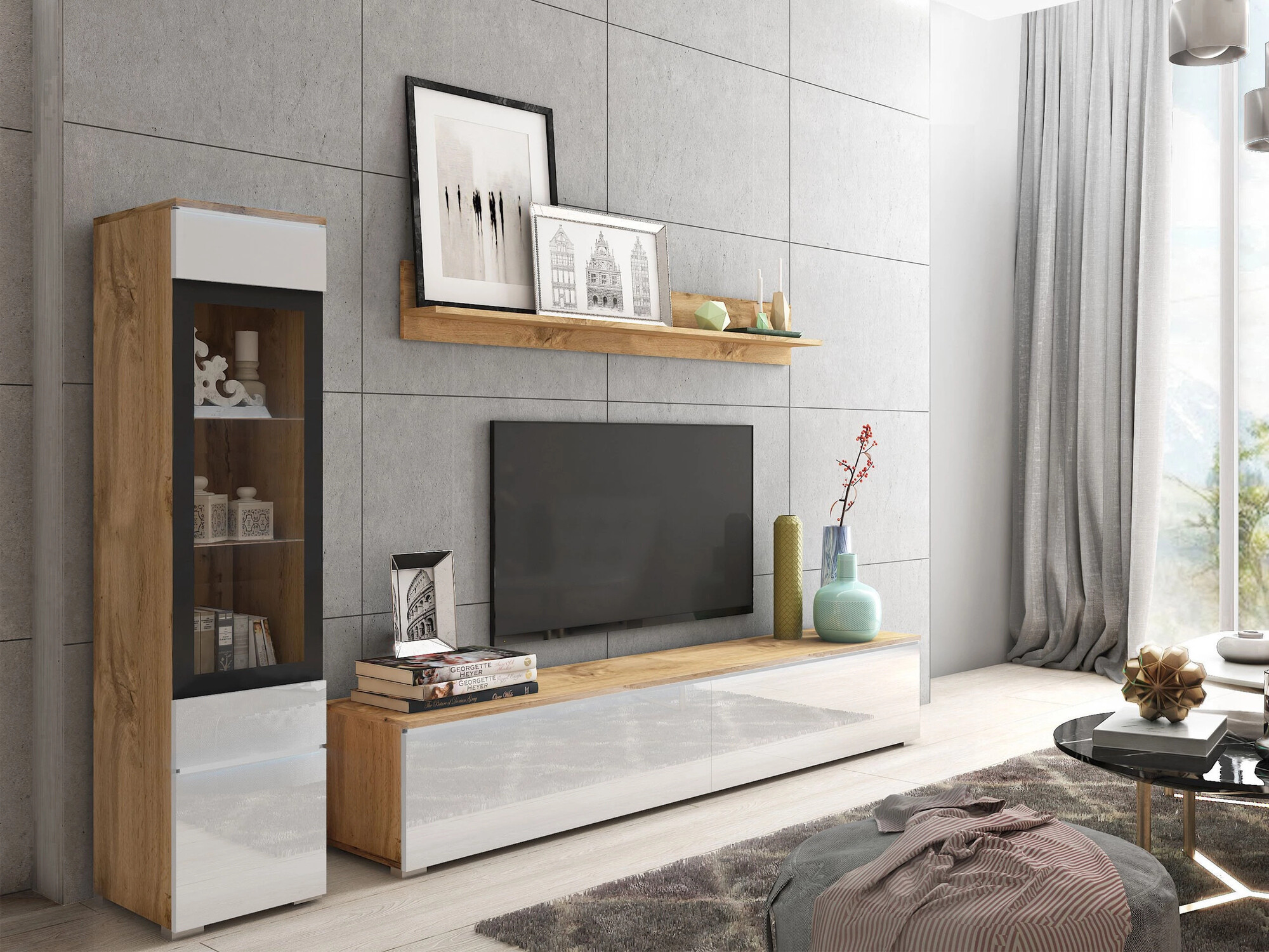 Set za dnevnu sobu Sarasota 125 (Hrast Votan + Sjajno belo)