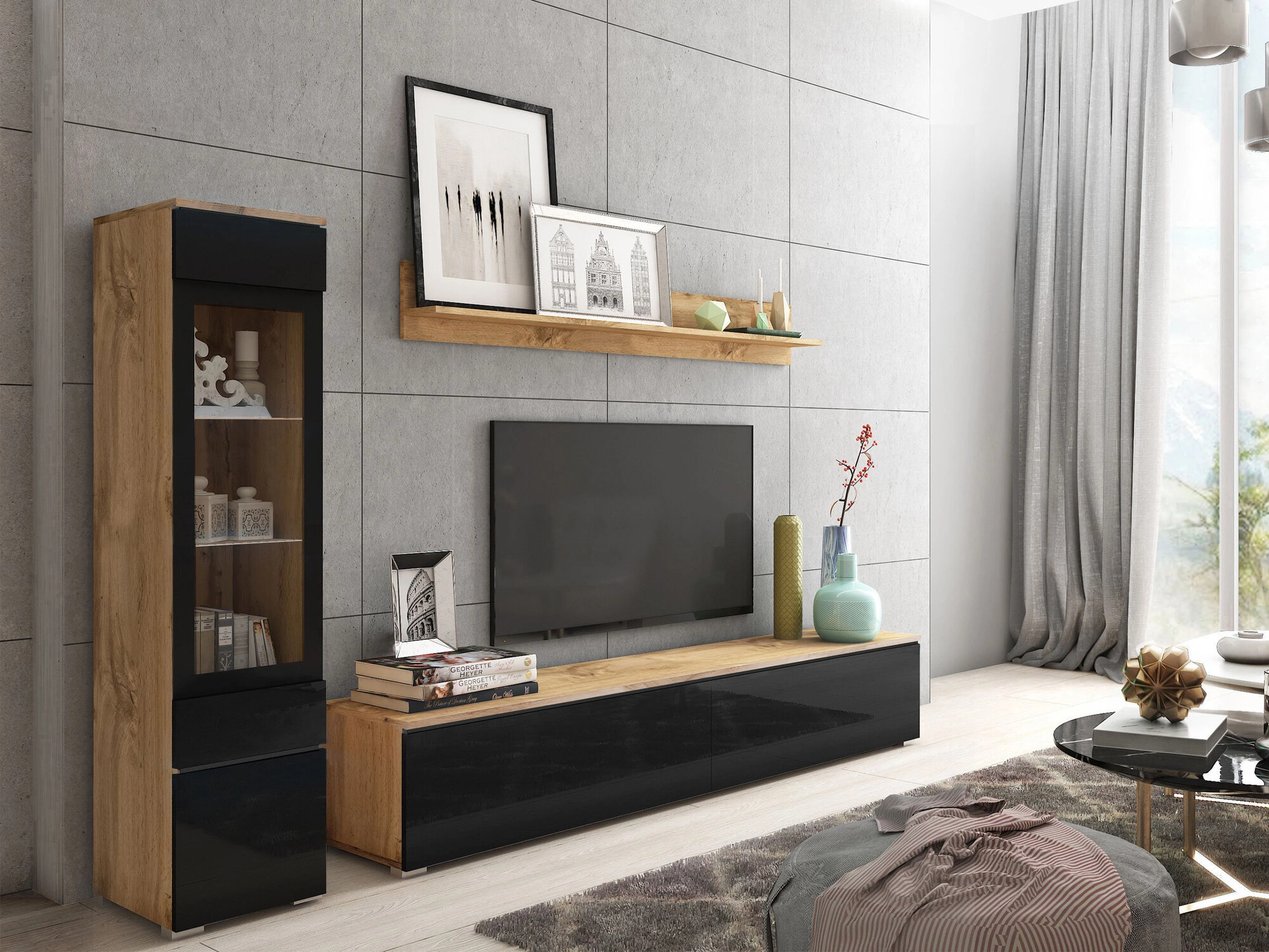 Set za dnevnu sobu Sarasota 125 (Hrast Votan + Sjajno crna)