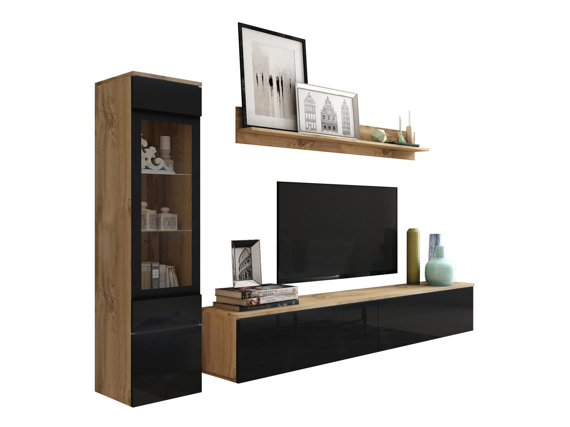 Set za dnevnu sobu Sarasota 125 (Hrast Votan + Sjajno crna)