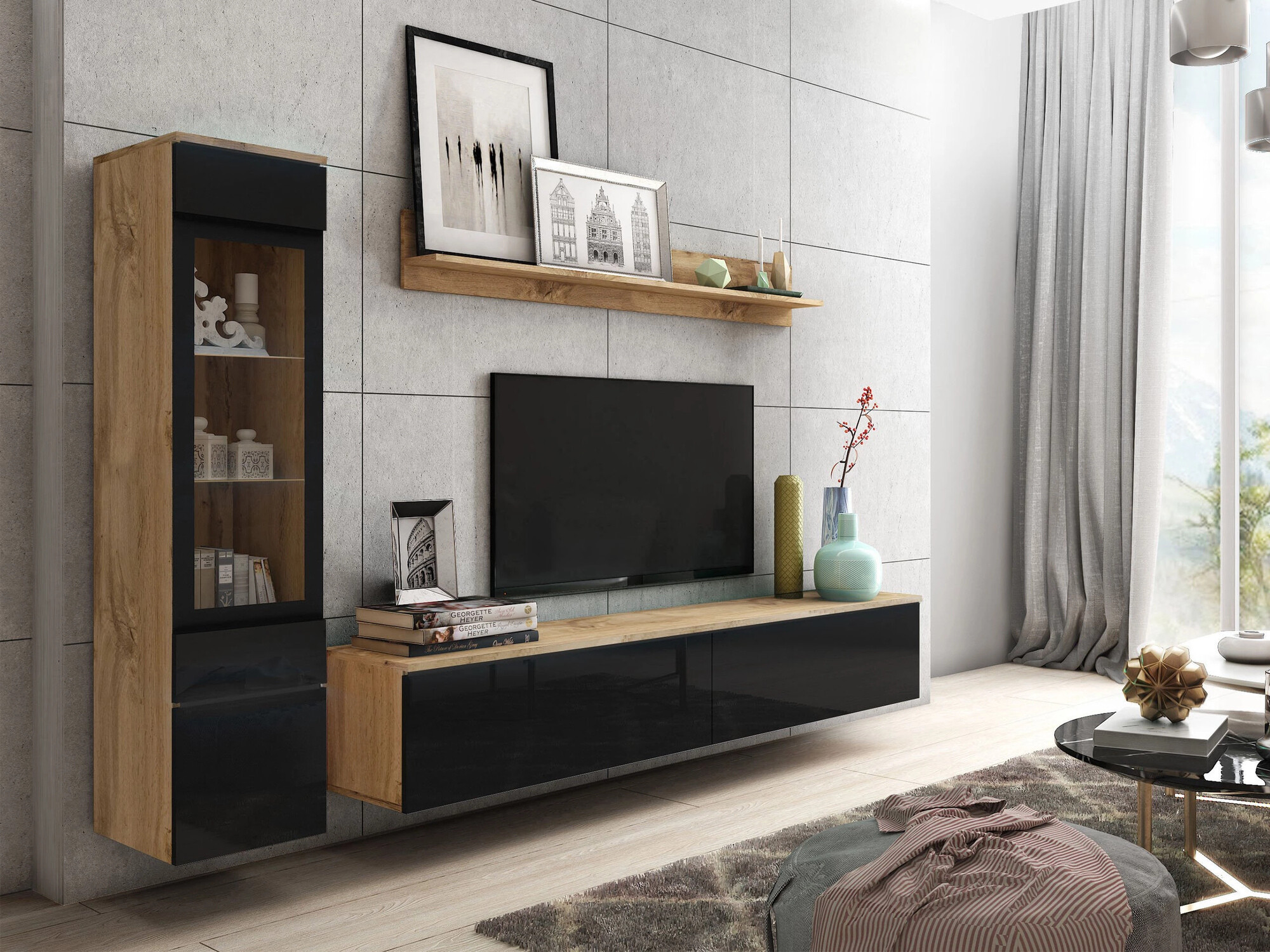 Set za dnevnu sobu Sarasota 125 (Вотан храст + Crna visoki sjaj)