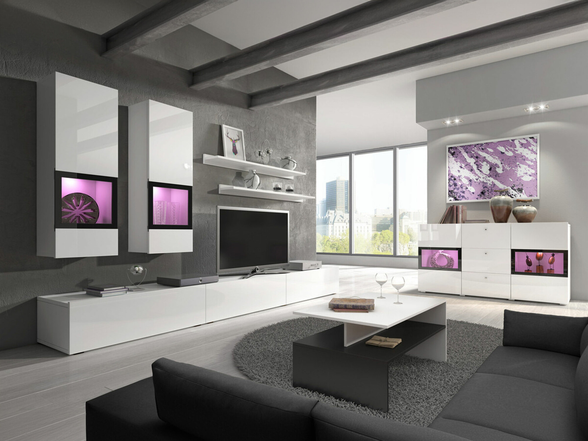 Set za dnevnu sobu Serodeu 104 (Belo + Sjajno belo)