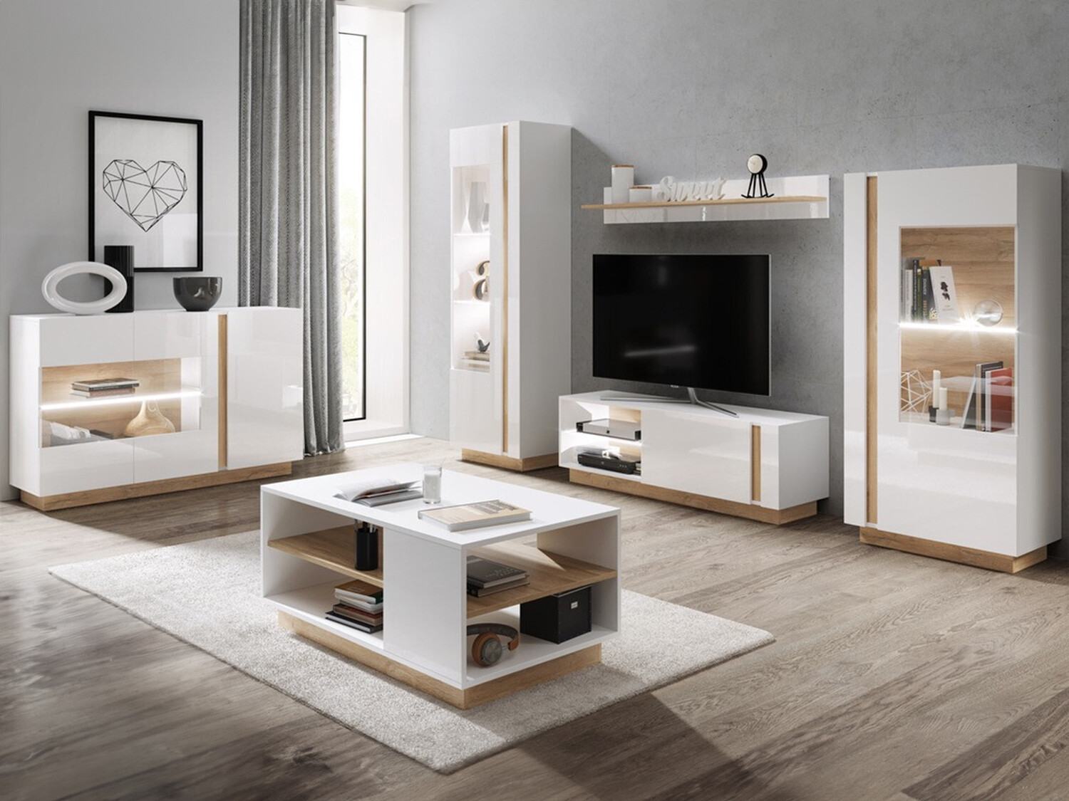 Set za dnevnu sobu Novbela 113 (Belo + Sjajno belo + Grandson hrast)