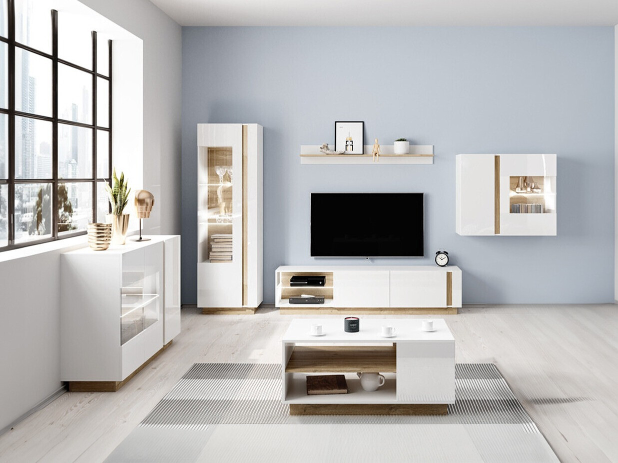 Set za dnevnu sobu Novbela 114 (Belo + Sjajno belo + Unuk hrast)