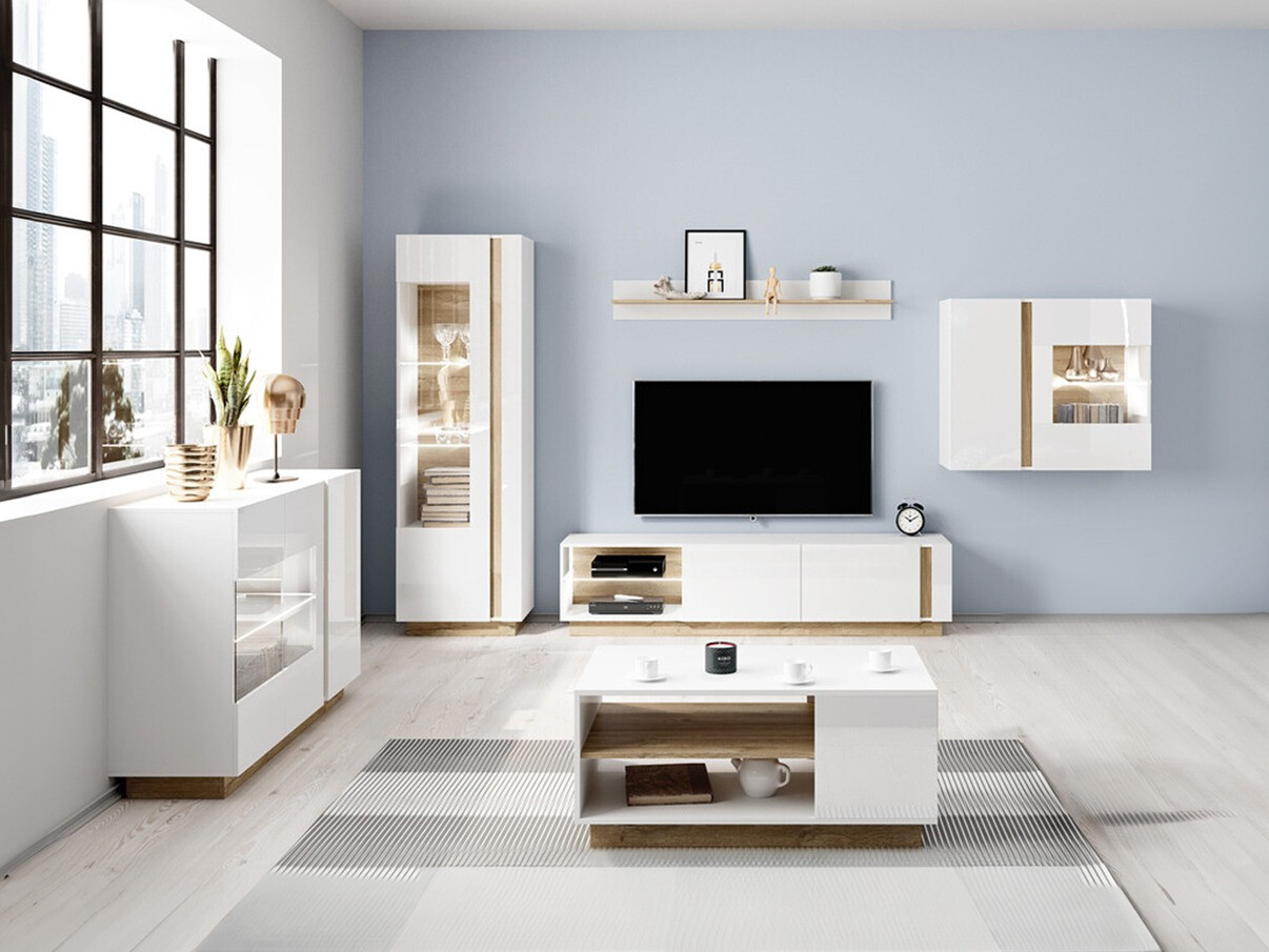 Set za dnevnu sobu Novbela 114 (Belo + Sjajno belo + Unuk hrast)