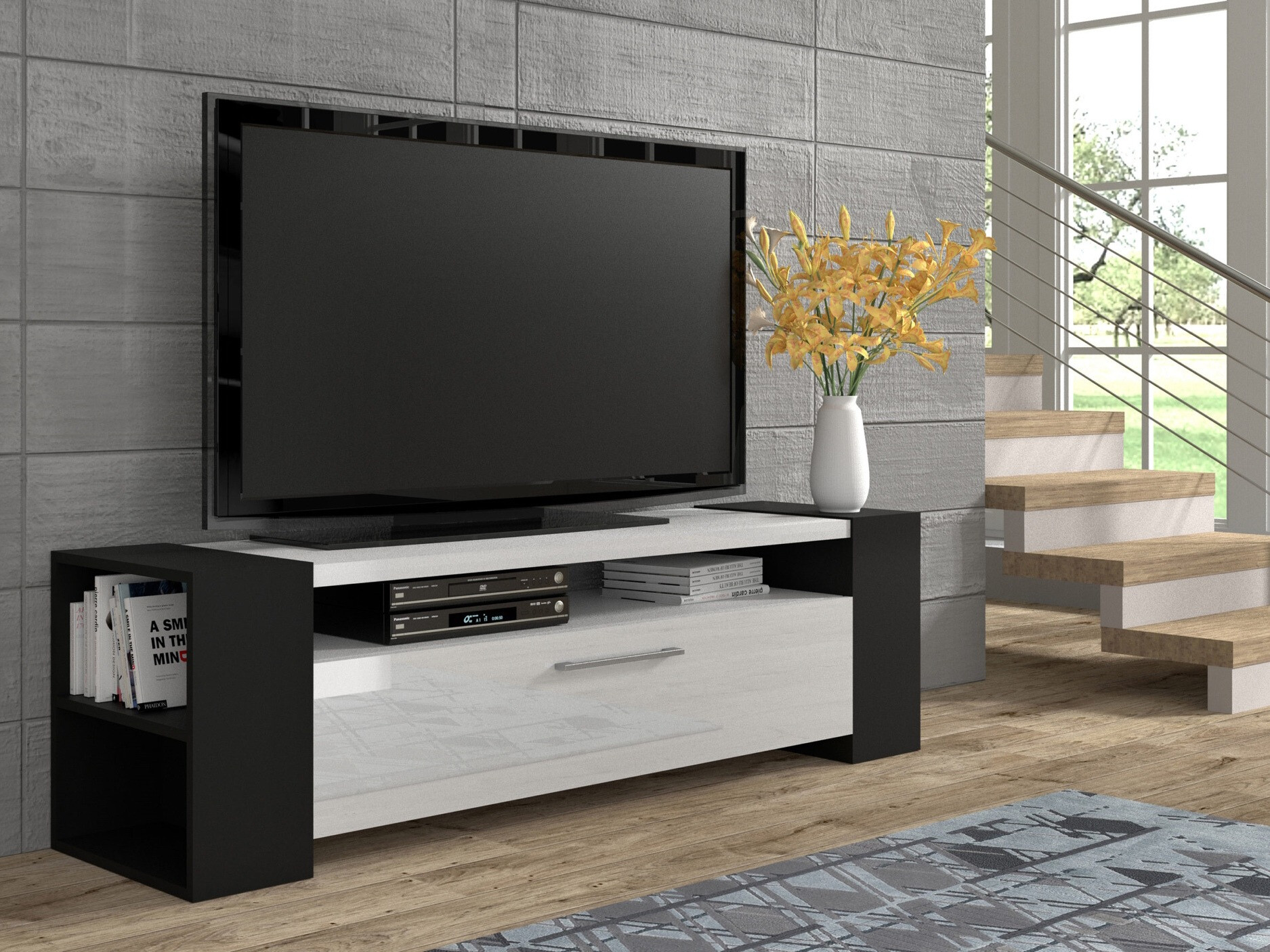 TV sto Buffalo 150 (Crno + Sjajno belo)