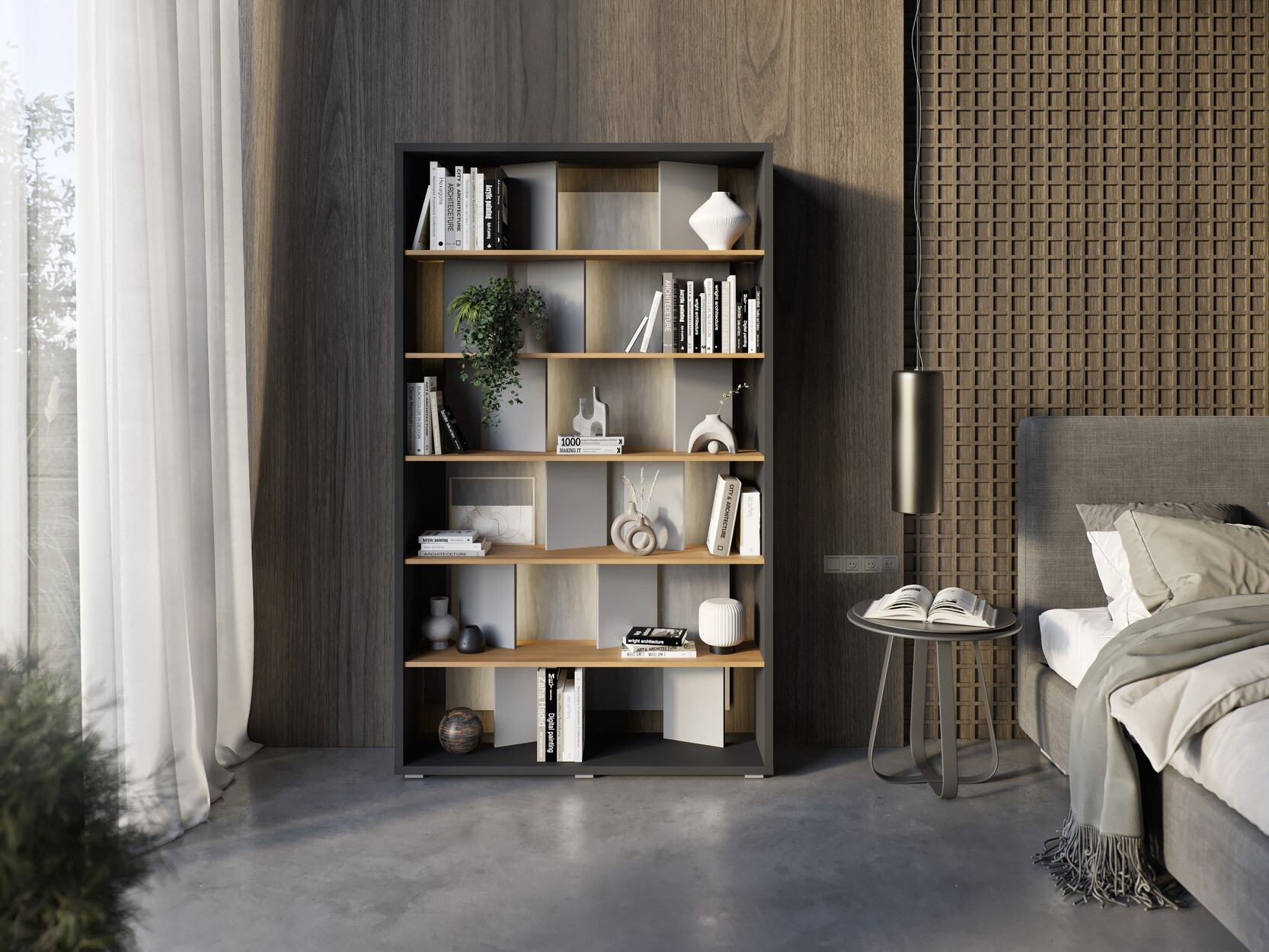 Polica Fresno 154 (Glossy gray + Graphite + Hrast)