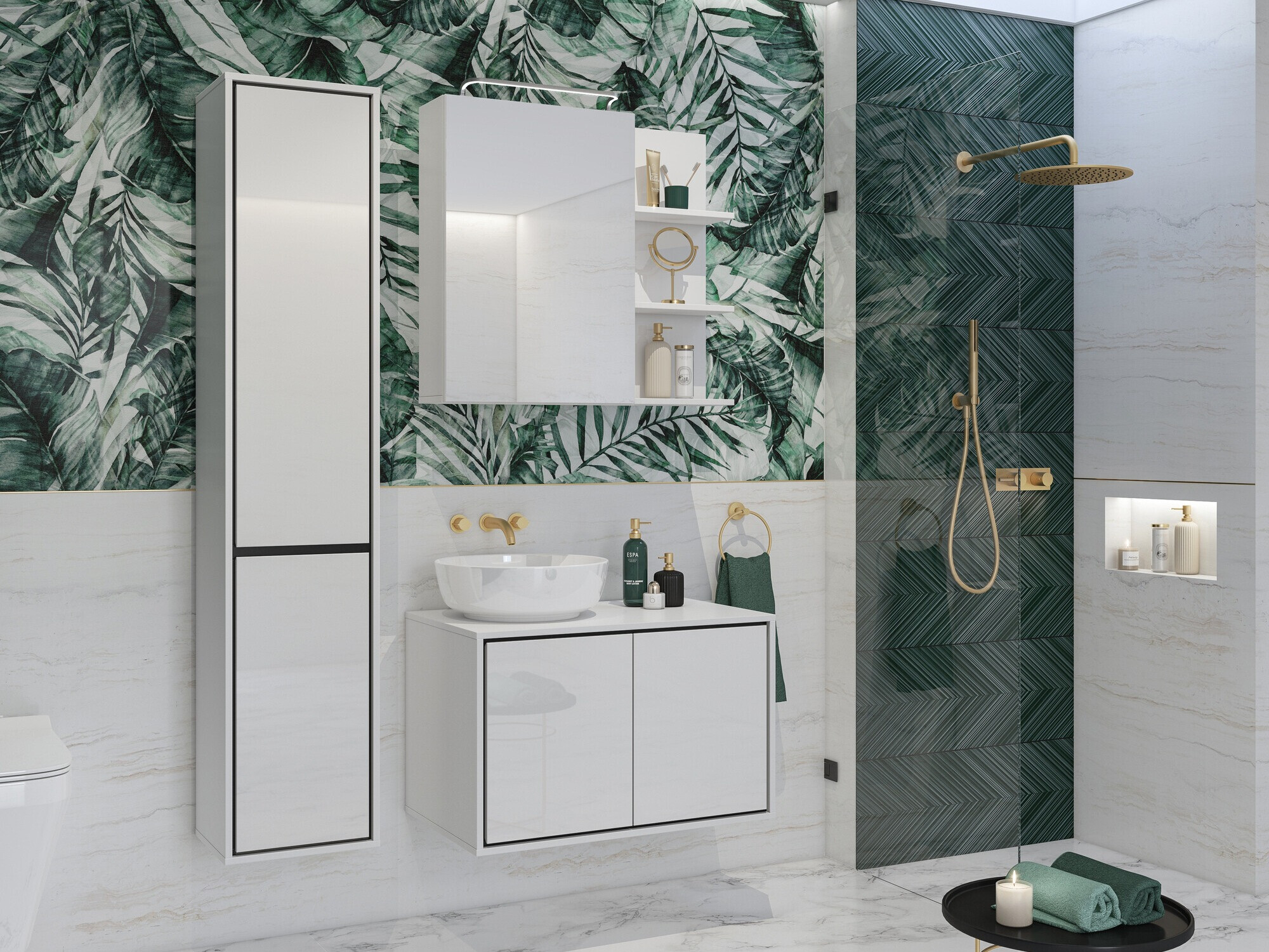 Ormarić za kupatilo sa ogledalom Tecavu 102 (Sjajno belo + Belo)