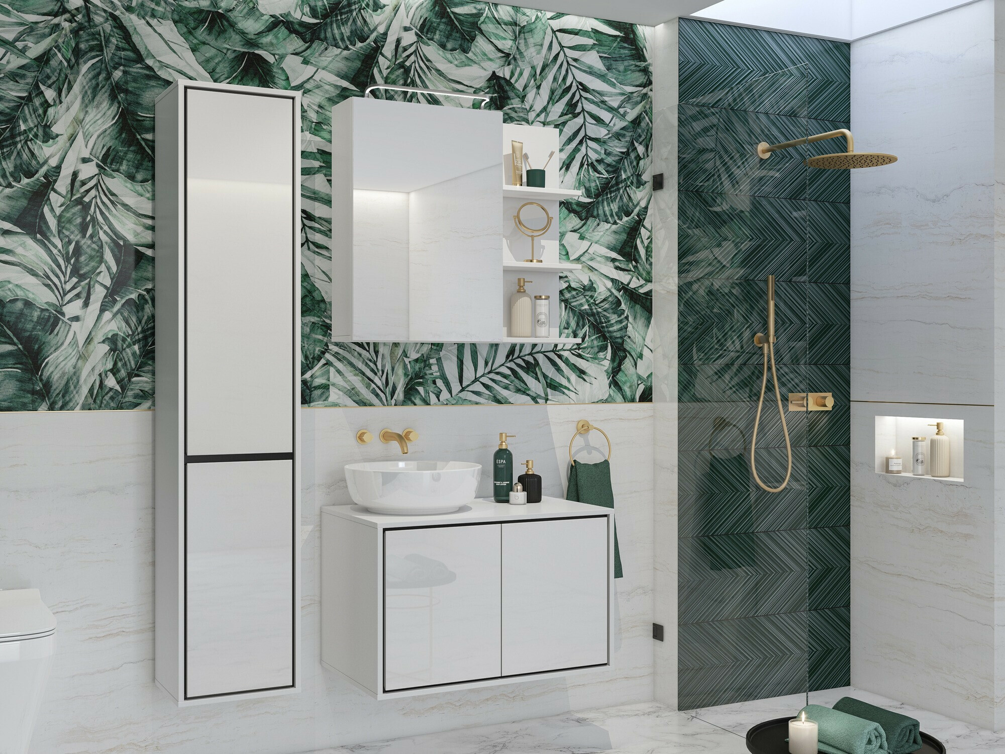 Zidni kupatilski ormarić za umivaonik Tecavu 103 (Sjajno belo + Belo)