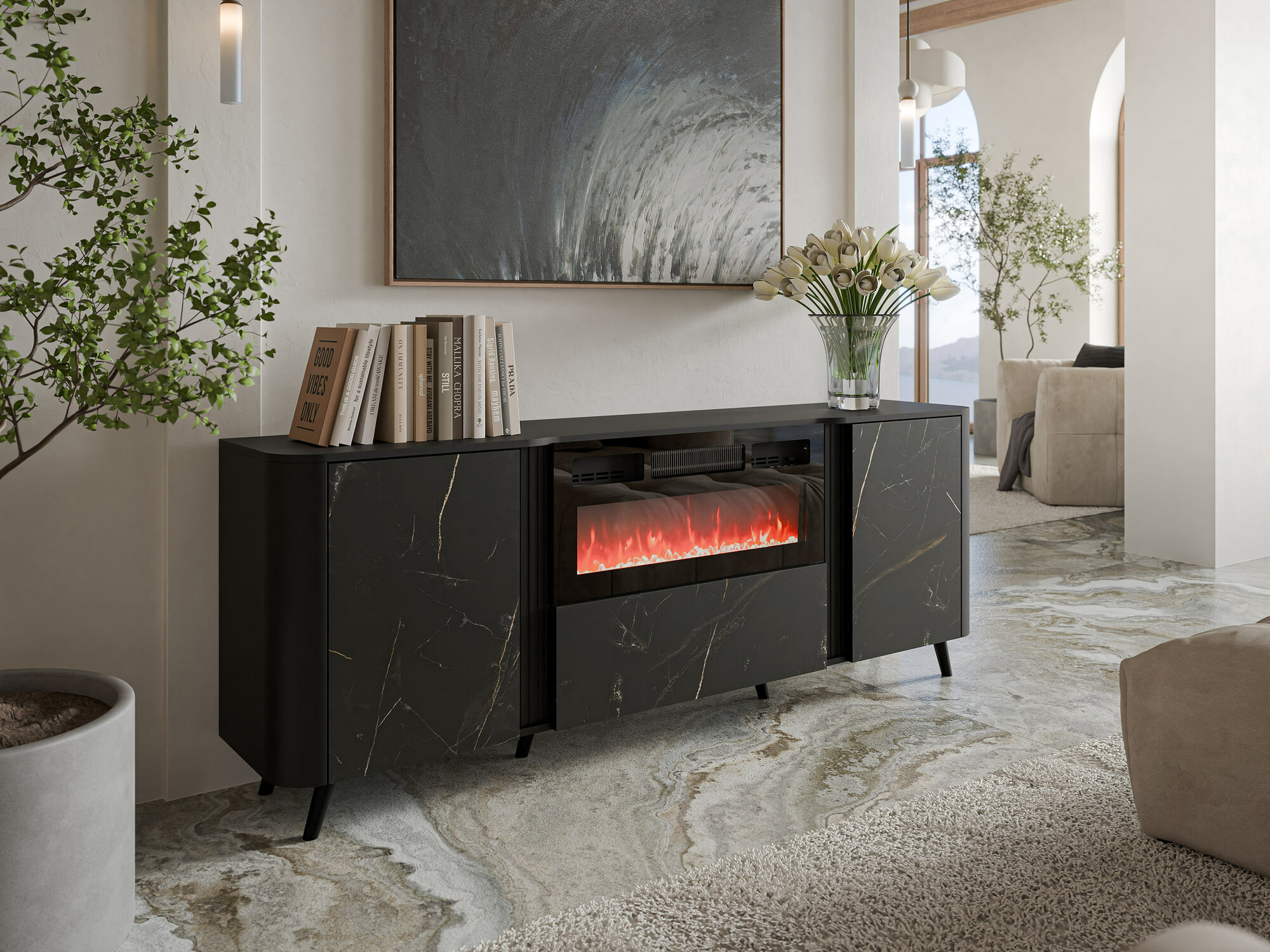 Ormarić Charlotte 202 (Crno + Crni mermer)